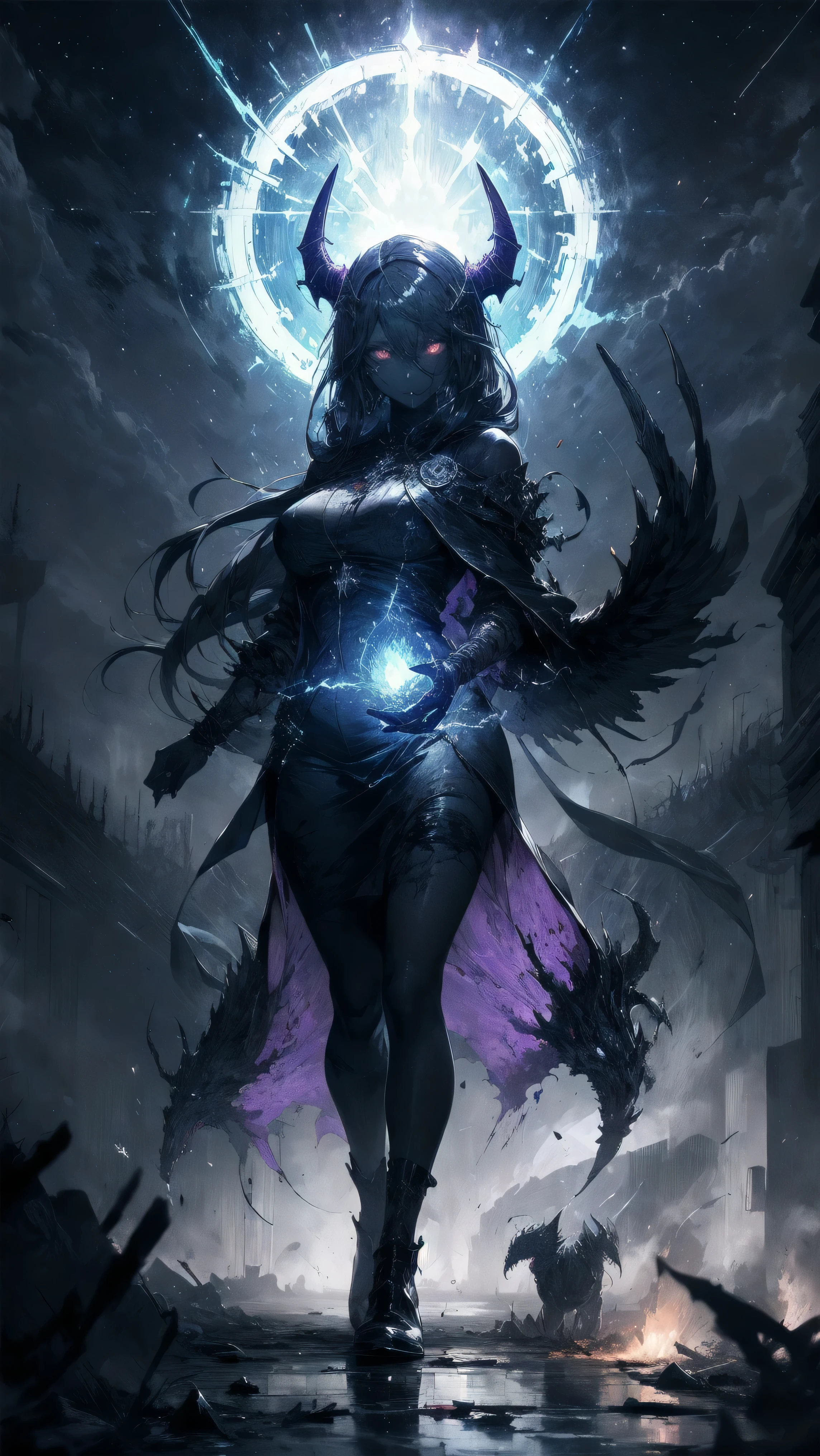 From a low angle below, we gaze upwards at a formidable Black woman, her sword raised above the clouds in a mid-air fighting pose. Her death stare fixes the viewer with unyielding intensity, her eyes glowing blue within a halo of curly hair. A radiant aura of glowing purple energy enshrouds her entire being and her sword, signaling an impending clash. Dressed in resplendent African-designed attire, her silhouette is partially veiled by the atmospheric blur, adding an intriguing layer of mystique.
Beneath the warrior's powerful silver-gray feet, a lush forest comes alive, as