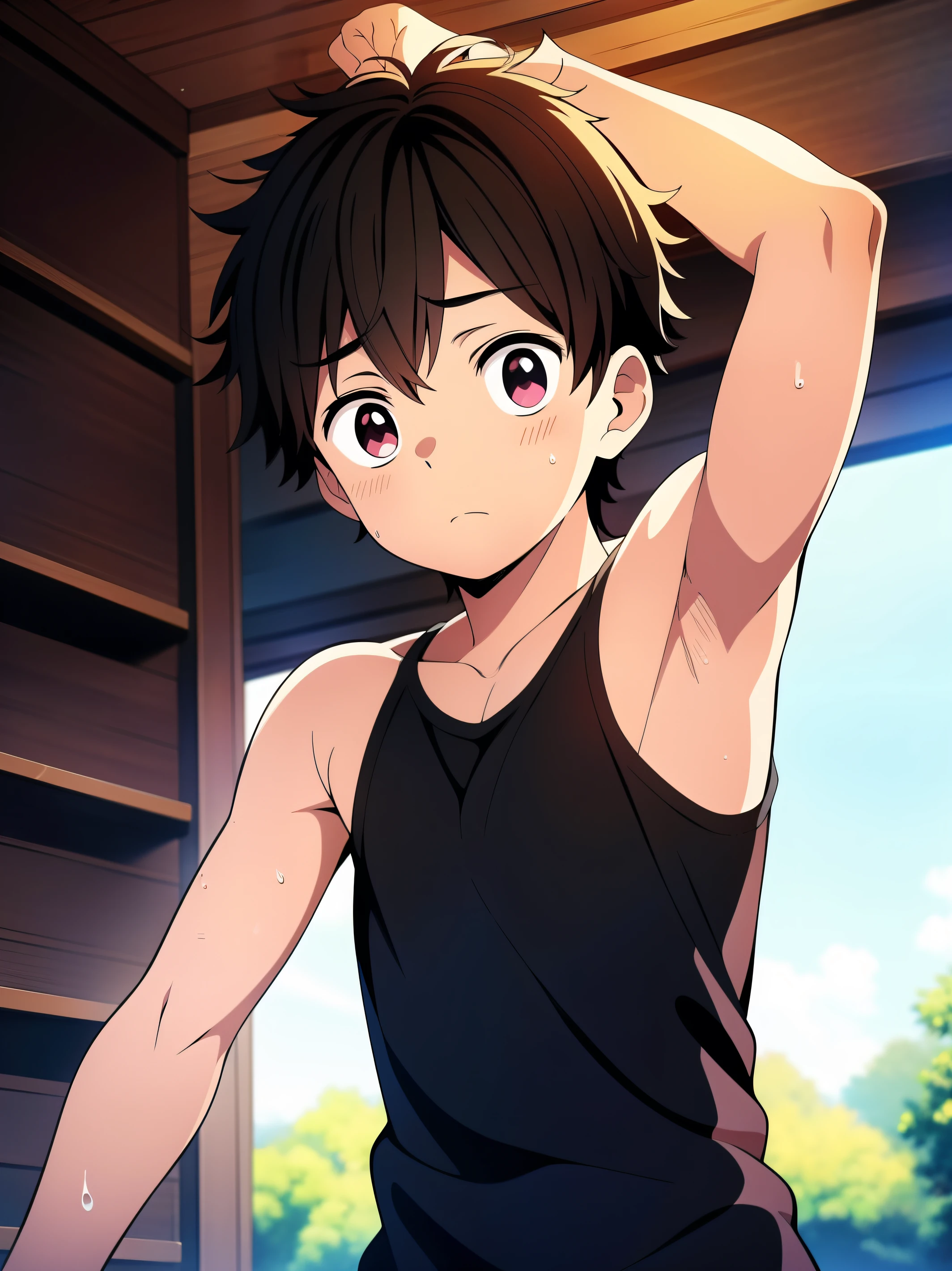 Highres, Masterpiece, Best quality at best,Best Quality,hight quality, hight detailed, 1boy, Shota, messy hair, sweat, upper body, Depth of field, Anime Screencap Style, Young zoom in to the armpit, Focus on the armpit, shine closer to the armpit, Cute armpit, Sexy armpit, beautiful armpits, seductive armpits, a Boy cutely shows his armpit, Such a cute smooth armpit, The armpits of a boy, Adorable little armpits, Give me a proportional picture of a twelve year old Give me a picture of the armpit of a young boy, the armpit looks clean and smells good, the armpit is very beautiful, the boy is teasing using his armpit, Seen from front, look good boy, Cute boy, (very small and short stature), (very young boy), Twelve year old boys, bokeh, Bd