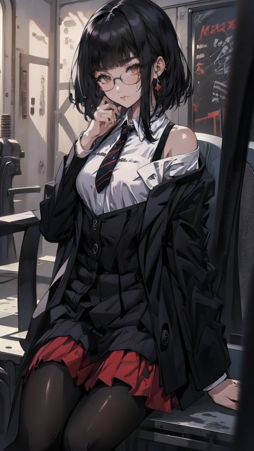 an anime girl with Glasses and a skirt sits on ground and poses, One girl, Alone, skirt, Have, shirt, white shirt, pantyhose, Red eyes, Glasses, Black Hair, shoes, red skirt, Check pattern skirt, View your viewers, Open clothes, Check pattern, collared shirt, , Long sleeve, Mouth closed, Sitting, black pantyhose, indoor, bangs, short hair, Black-rimmed glasses, Brown Jacket, Off the shoulder,Add XL
