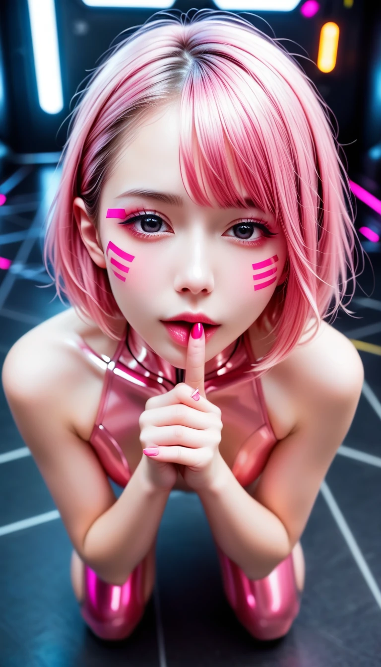 ((pink hair, beautiful Japanese girl, she's a cyborg)), simple logo mark on face, short hair, loose perm, black eyes, ((attractive eyes, half-open eyes, sexually excited, flushed cheeks)), perfect proportions, large bust, glamorous body, licking index finger, very beautiful skin, bondage fashion, semi-transparent pink enamel bodysuit, looking at me on all fours, futuristic room, neon, dazzling brightness, exquisite details, full body, very sharp, high resolution, realistic, photorealistic, 8K, ultra-detailed, masterpiece, shot from above, cinematic lighting, dramatic colors, vibrant colors