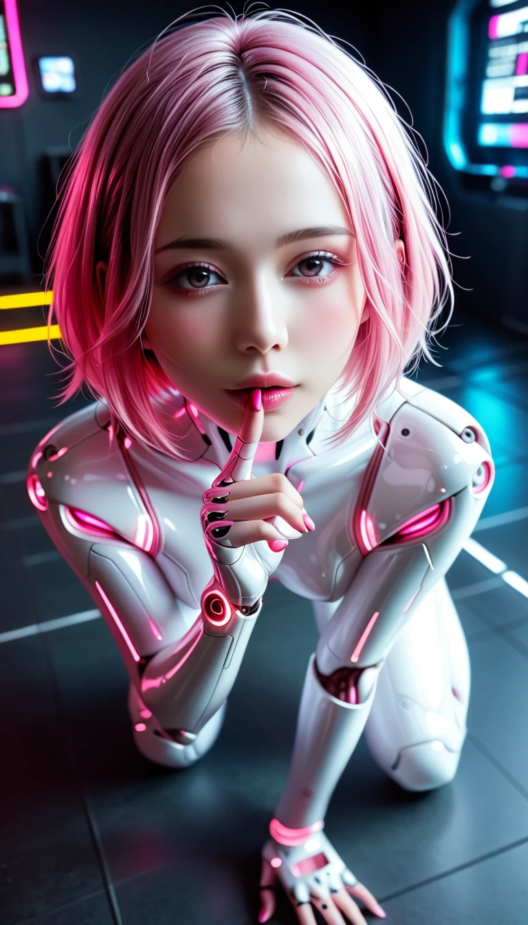 ((pink hair, beautiful Japanese girl, she's a cyborg)), simple logo mark on face, short hair, loose perm, black eyes, ((attractive eyes, half-open eyes, sexually excited, flushed cheeks)), perfect proportions, large bust, glamorous body, licking index finger, very beautiful skin, bondage fashion, semi-transparent pink enamel bodysuit, looking at me on all fours, futuristic room, neon, dazzling brightness, exquisite details, full body, very sharp, high resolution, realistic, photorealistic, 8K, ultra-detailed, masterpiece, shot from above, cinematic lighting, dramatic colors, vibrant colors