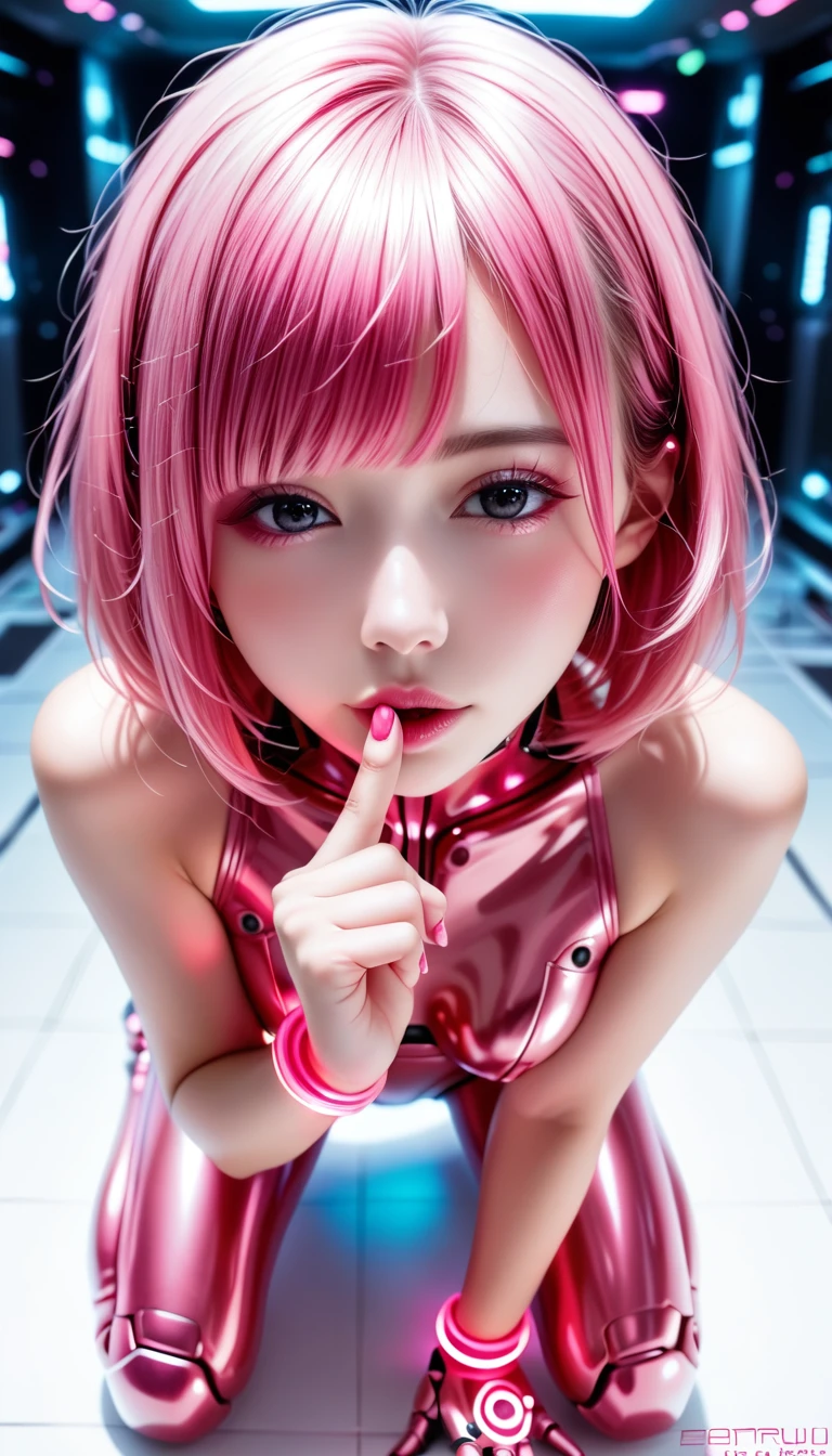 ((pink hair, beautiful Japanese girl, she's a cyborg)), simple logo mark on face, short hair, loose perm, black eyes, ((attractive eyes, half-open eyes, sexually excited, flushed cheeks)), perfect proportions, large bust, glamorous body, licking index finger, very beautiful skin, bondage fashion, semi-transparent pink enamel bodysuit, looking at me on all fours, futuristic room, neon, dazzling brightness, exquisite details, full body, very sharp, high resolution, realistic, photorealistic, 8K, ultra-detailed, masterpiece, shot from above, cinematic lighting, dramatic colors, vibrant colors