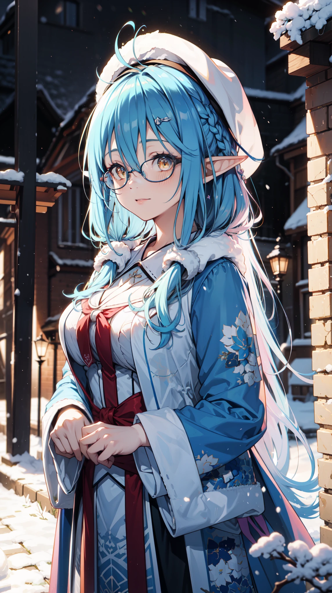 Anime Girl, Fantasy illustrations, Flowing hair，Transparent Clothes，Winter Dress，Beautiful young elf, Dark blue hair，中Long hair，Special hairstyle，Shine Shine，in love，Hair band，Happy，Beautiful fantasy anime, 闪亮Flowing hair, Ethereal Anime, Beautiful anime artwork, 1 girl, solitary, blush, snow花纸牌, student，Beret，in love，Happy，Long hair, Hair between the eyes, Glasses, Outdoor，snow，Handheld Cocoa，Luxurious，coat