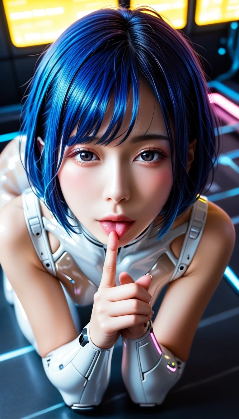 ((blue hair, beautiful Japanese girl, she's a cyborg)), simple logo mark on face, short hair, loose perm, black eyes, ((attractive eyes, half-open eyes, sexually excited, flushed cheeks)), perfect proportions, large bust, glamorous body, licking index finger, very beautiful skin, bondage fashion, semi-transparent white patent bodysuit, looking at me on all fours, coming in to kiss the camera, futuristic room, neon, dazzling brightness, exquisite details, full body, very sharp, high resolution, realistic, photorealistic, 8K, ultra detailed, masterpiece, shot from above, cinematic lighting, dramatic colors, vibrant colors