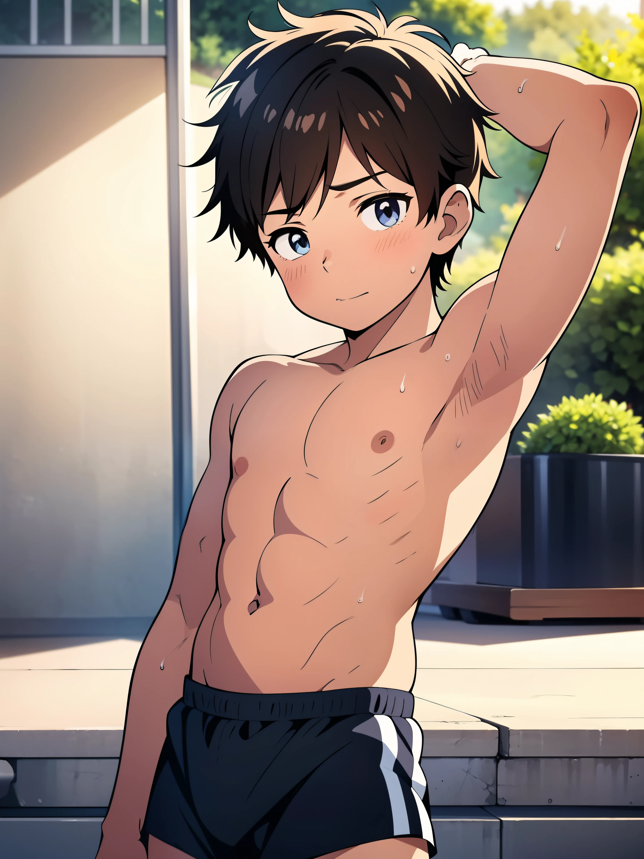 Anime style,Summer sky、Into the cloud、1boy, Shota, hansome boy, cute face, 12Year-Old-dorabley, beach, coconut tree, Cheerful boy, body only, Shirtless, Topless, Bare chest, (show his armpit, focus on the armpit, shine closer to the armpit), boy focus, soft body, femboy