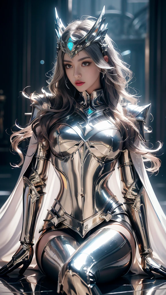 ((masterpiece, best quality, extremely detailed), volumetric lighting, ambient occlusion, colorful, glowing), 1girl, solo, young girl, (dark hair), long hair, halo, aura, sacred, goddess, cleric suit, (silver outfit with gold detailst:1.3), armor, outdoors, sunset, sky, clouds, space, (fantasy theme:1.2),