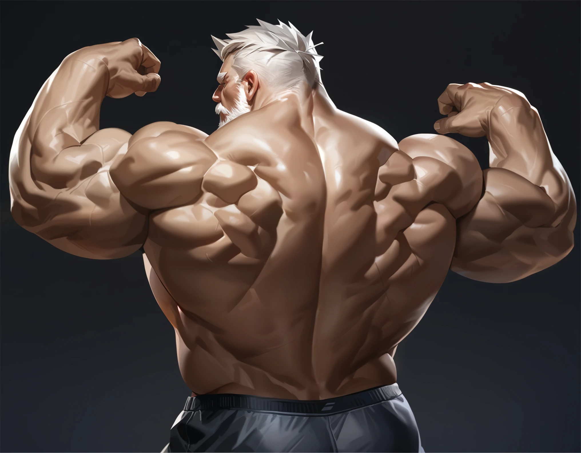 by_lindong,(good finger, perfect finger, perfect hand:1.3), solo, 1boy, Muscular old man, wide shoulder, flexing, (wide back, massive back muscle, back view), thick arms, standing, simple dark background, short white hair, detailed, back view, shorts, shirtless, masterpiece, (hyper realistic:1.2, realistic, super realistic), high detailed, 8k, high resolution, half body shoot, 