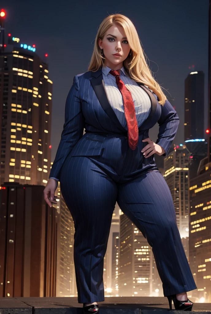 A young sophisticated and stylish bbw woman in a blue pinstriped trouser suit, white shirt, and a large red paisley necktie, with a beautiful, curvaceous figure, massive breasts, and a blonde ponytail. Next to her, another young bbw woman in a perfect crimson pinstriped trouser suit, white shirt, with a massive thick and wide navy paisley necktie in a windsor knot, also with a curvaceous figure and massive breasts. Both women are wearing black platform high heels and standing in a mid-stride, giantess art 1.3, stomping, rampage-like pose, with a cityscape background of mega-city, urban sprawl, and small towns, partially obscured by a hazy, cloudy atmosphere. The image is a high-resolution, masterpiece-quality, cinematic, ultra-detailed, and hyper-photorealistic photograph, with perfect hands, face, and lighting.