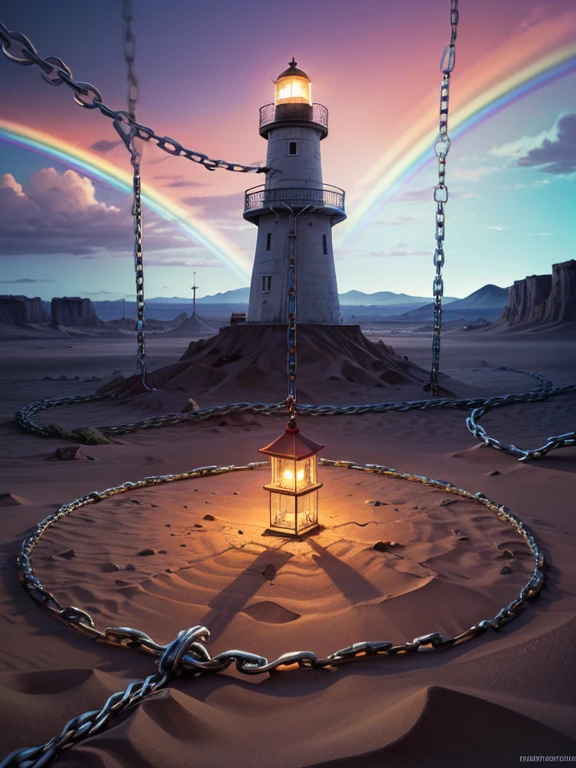 Abstract art, ( Surrealism ) ( Surrealism ) a Surreal scene involving (chains:1.5), Lighthouse world. A world made of chains. Chains are everywhere, Colorful Gradient, involving desert sands, colorful rainbow sand, non euclidean desert geometry, an abstract scene , swirling vortex of rainbow colors, Lighthouse covered in chains, bound in chains. chained sword, Surreal different colors, , Chains l chained planet, created in a medieval lighthouse desert, in the Vibrant colors style, giant chains, 