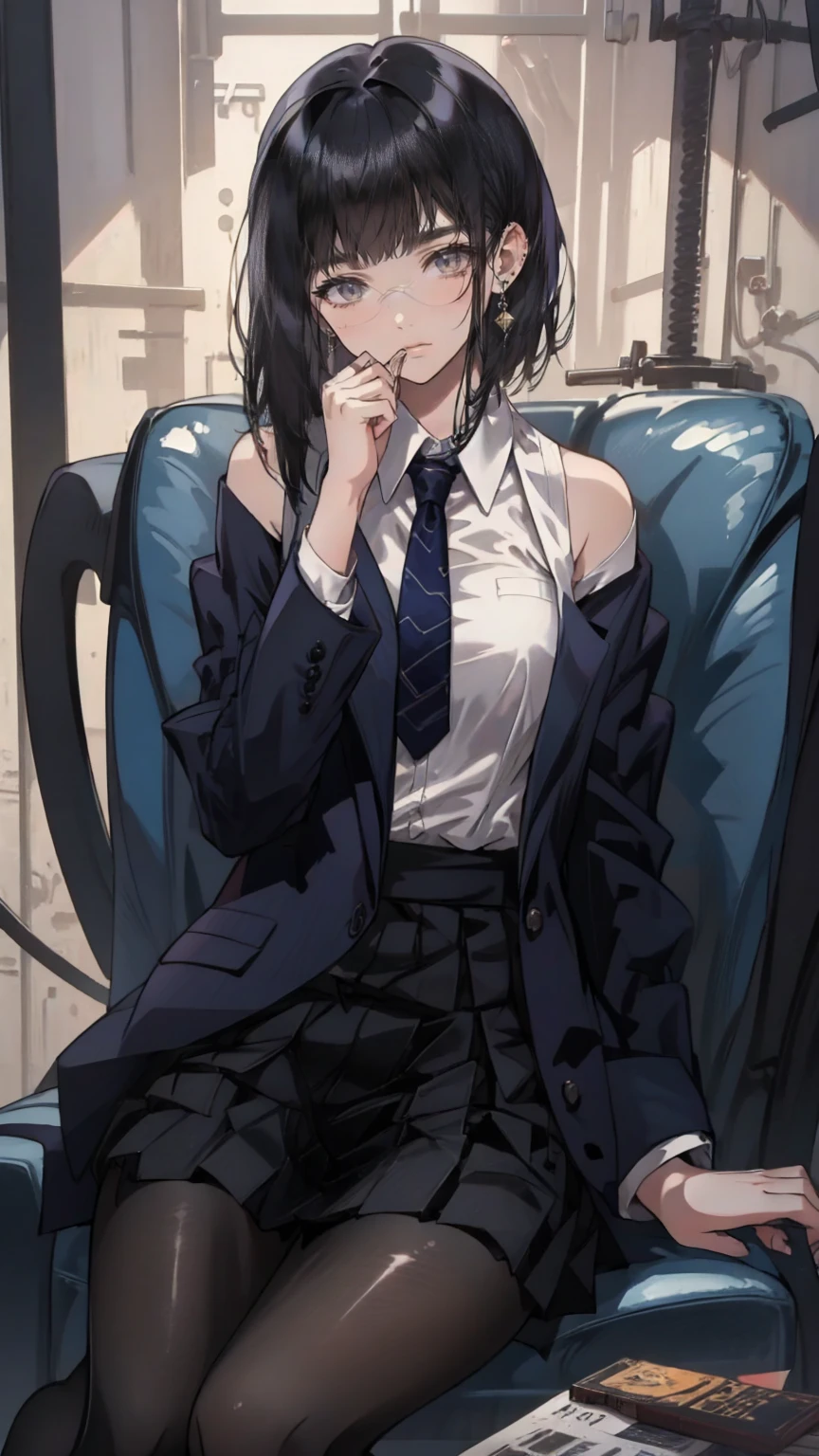 an anime girl with Glasses and a skirt sits on ground and poses, One girl, Alone, skirt, Have, shirt, white shirt, pantyhose, Red eyes, Glasses, Black Hair, shoes, red skirt, Check pattern skirt, View your viewers, Open clothes, Check pattern, collared shirt, , Long sleeve, Mouth closed, Sitting, black pantyhose, indoor, bangs, short hair, Black-rimmed glasses, Brown Jacket, Off the shoulder,Add XL
