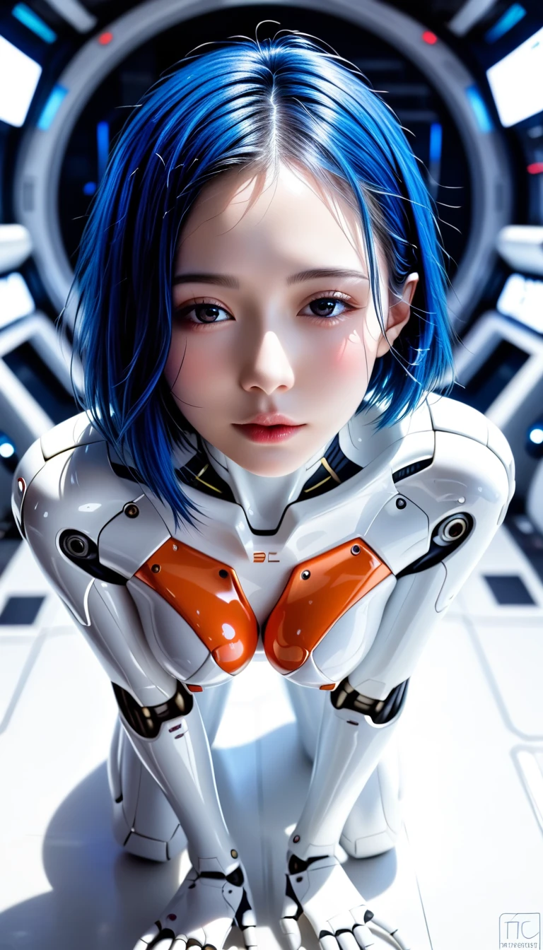 ((blue hair, beautiful Japanese girl, she's a cyborg)), simple logo mark on face, short hair, loose perm, black eyes, ((attractive eyes, half-open eyes, sexually excited, flushed cheeks)), perfect proportions, large bust, glamorous body, kneading breasts with hands, very beautiful skin, bondage fashion, semi-transparent white patent bodysuit, looking at me on all fours, coming in to kiss the camera, futuristic room, neon, dazzling brightness, exquisite details, full body, very sharp, high resolution, realistic, photorealistic, 8K, ultra detailed, masterpiece, shot from above, cinematic lighting, dramatic colors, vibrant colors