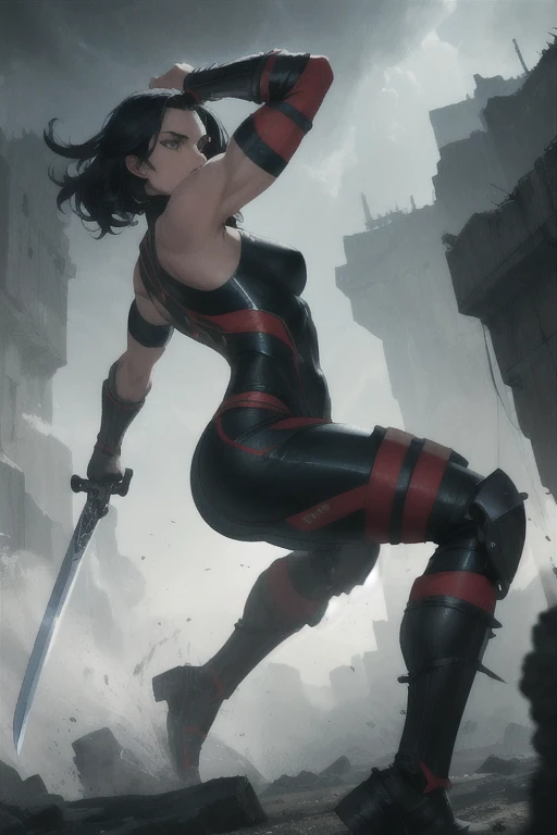 solo, masterpiece, best quality, medium shot of Elektra, marvel, fighting stance, dynamic angle