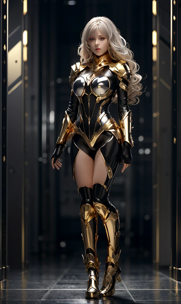 (dramatic, gritty, intense:1.4),masterpiece, best quality, 8k, insane details, intricate details, hyperdetailed, hyper quality, high detail, ultra detailed, Masterpiece,white hair(full body:1.1), (Milky skin, shiny skin:1.4)
a picture of an anime girl in golden armor, in the style of hyper-realistic sci-fi, light silver and light black, animated gifs, dark black, delicate constructions, glossy finish, machine-like precision, big tits, cameltoe,big tits,