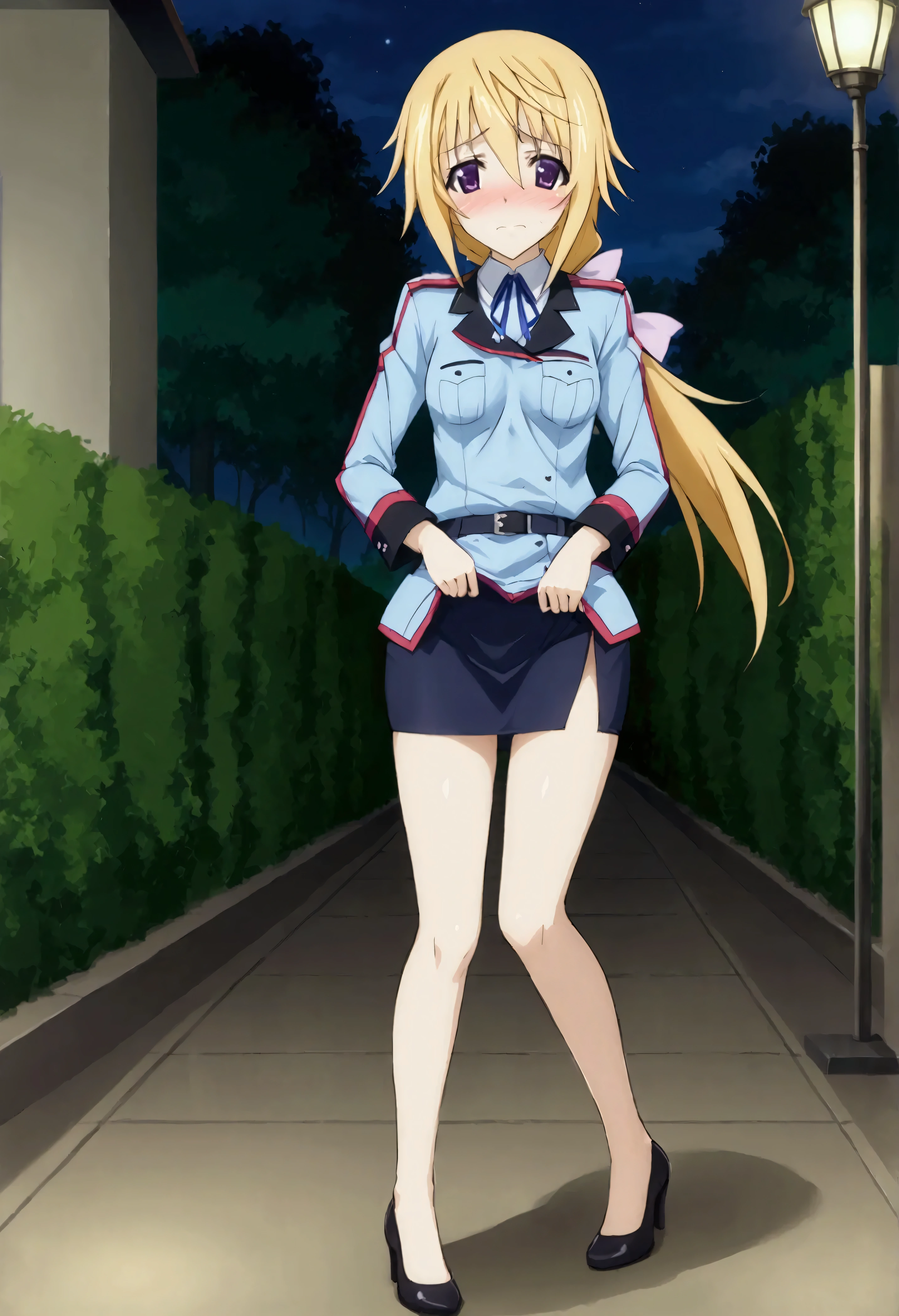 NSFW,masterpiece,Best Quality,High resolution,Very detailed,(One girl),Charlotte Dunois\(Infinite Stratos\),Long Hair、Blonde Hair、ribbon、Purple Eyes、ponytail、ヘアribbon、Police Officer,policewoman,Pencil Skirt,heel,Embarrassed,blush,Skirt Lift,Night Park,Street lamp