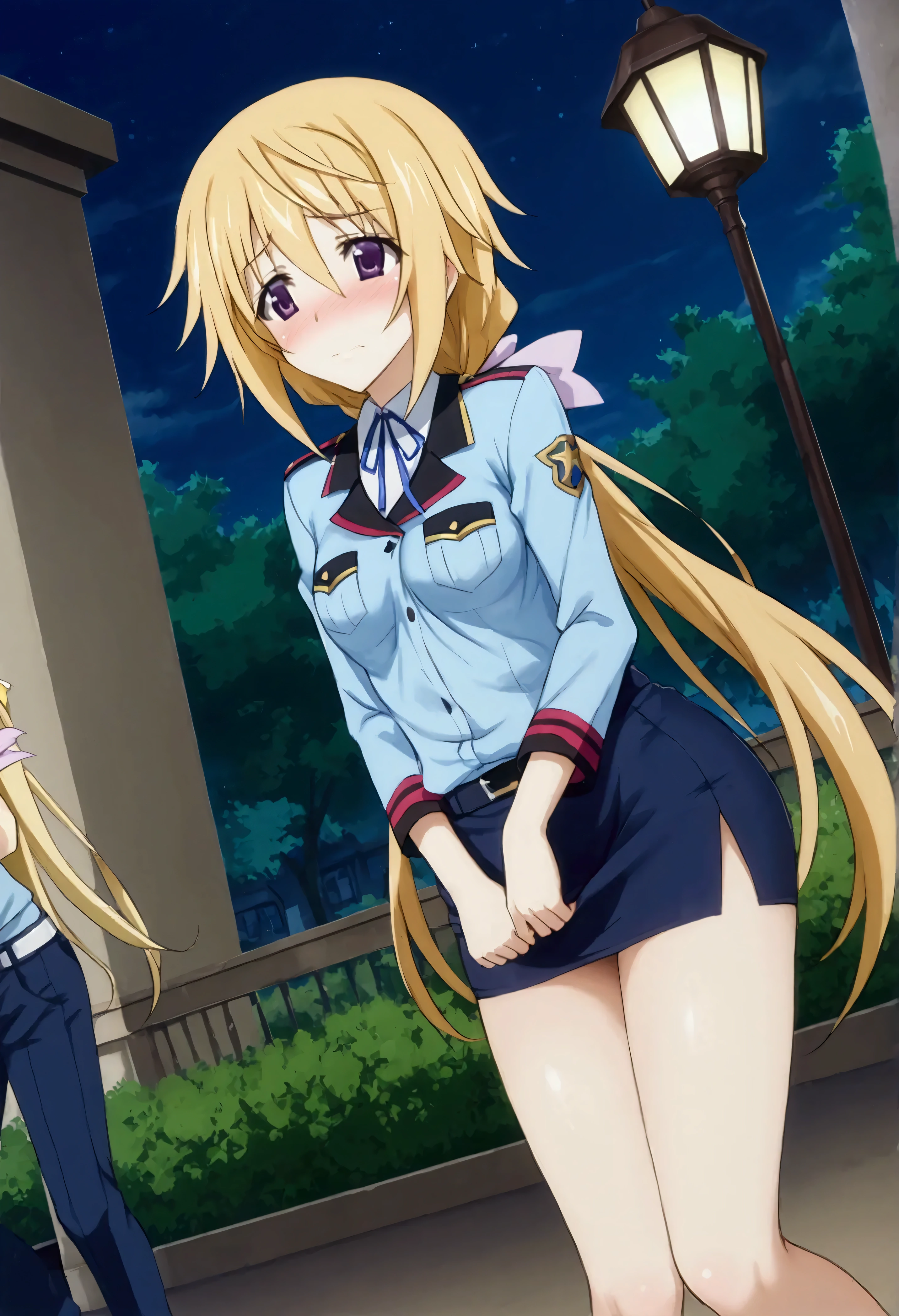 NSFW,masterpiece,Best Quality,High resolution,Very detailed,(One girl),Charlotte Dunois\(Infinite Stratos\),Long Hair、Blonde Hair、ribbon、Purple Eyes、ponytail、ヘアribbon、Police Officer,policewoman,Pencil Skirt,heel,Embarrassed,blush,Skirt Lift,Night Park,Street lamp