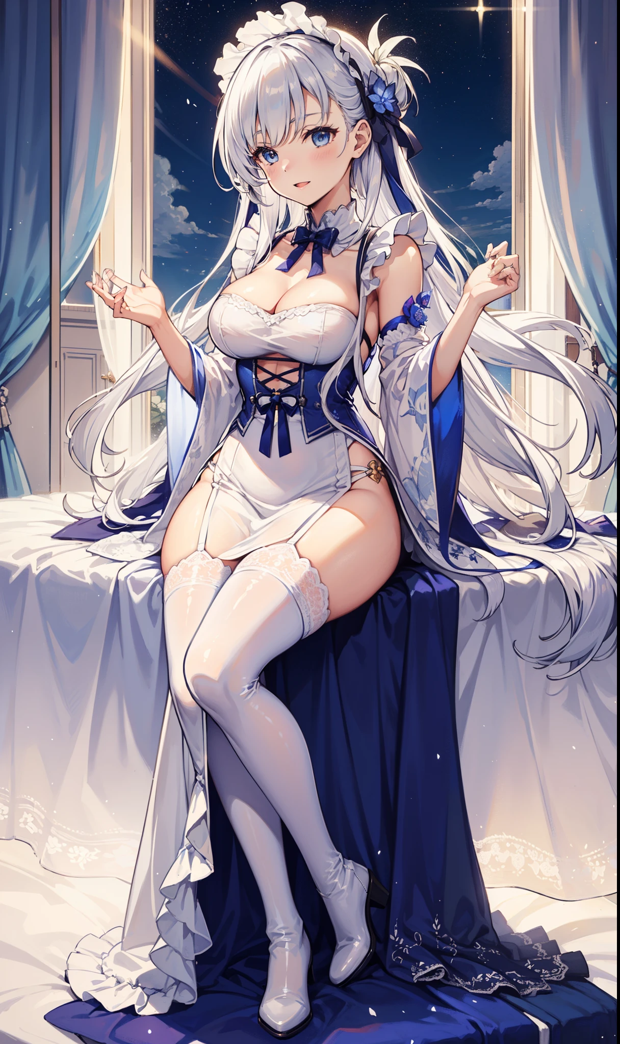 goddess，obsessed，have fun，in love，(White transparent maid uniform，With a long skirt)，Silver Hair，blue eyes，Transparent Clothes，Exquisite hair accessories，Transparent lace，Sky blue pattern，night，Dress nicely，bedroom，solitary，night，Engraved suspender boots，Beautiful face，Garter stockings，illustrious (maiden lily's radiance) (azur lane)