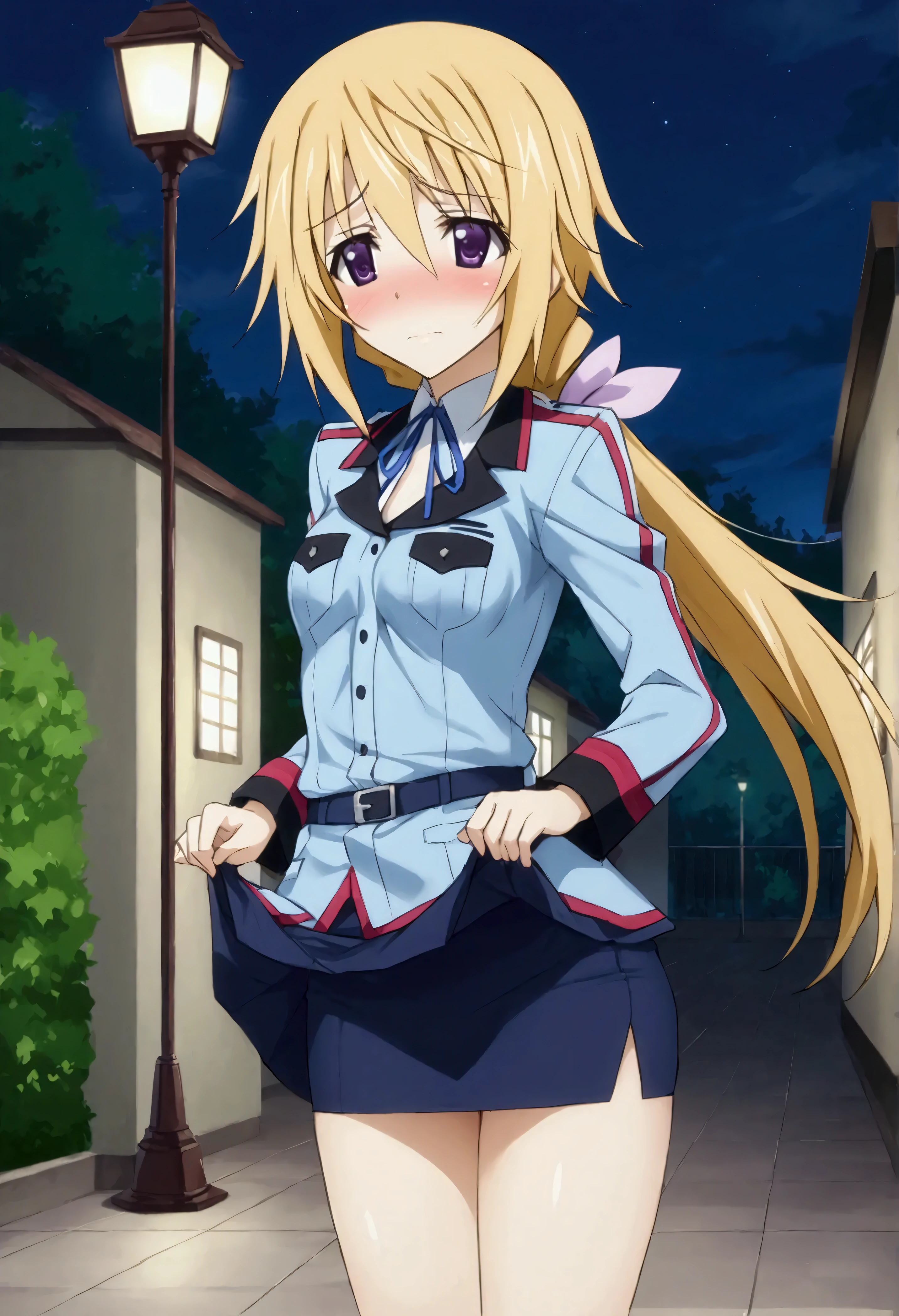 NSFW,masterpiece,Best Quality,High resolution,Very detailed,(One girl),Charlotte Dunois\(Infinite Stratos\),Long Hair、Blonde Hair、ribbon、Purple Eyes、ponytail、ヘアribbon、Police Officer,policewoman,Pencil Skirt,heel,Embarrassed,blush,Skirt Lift,Night Park,Street lamp