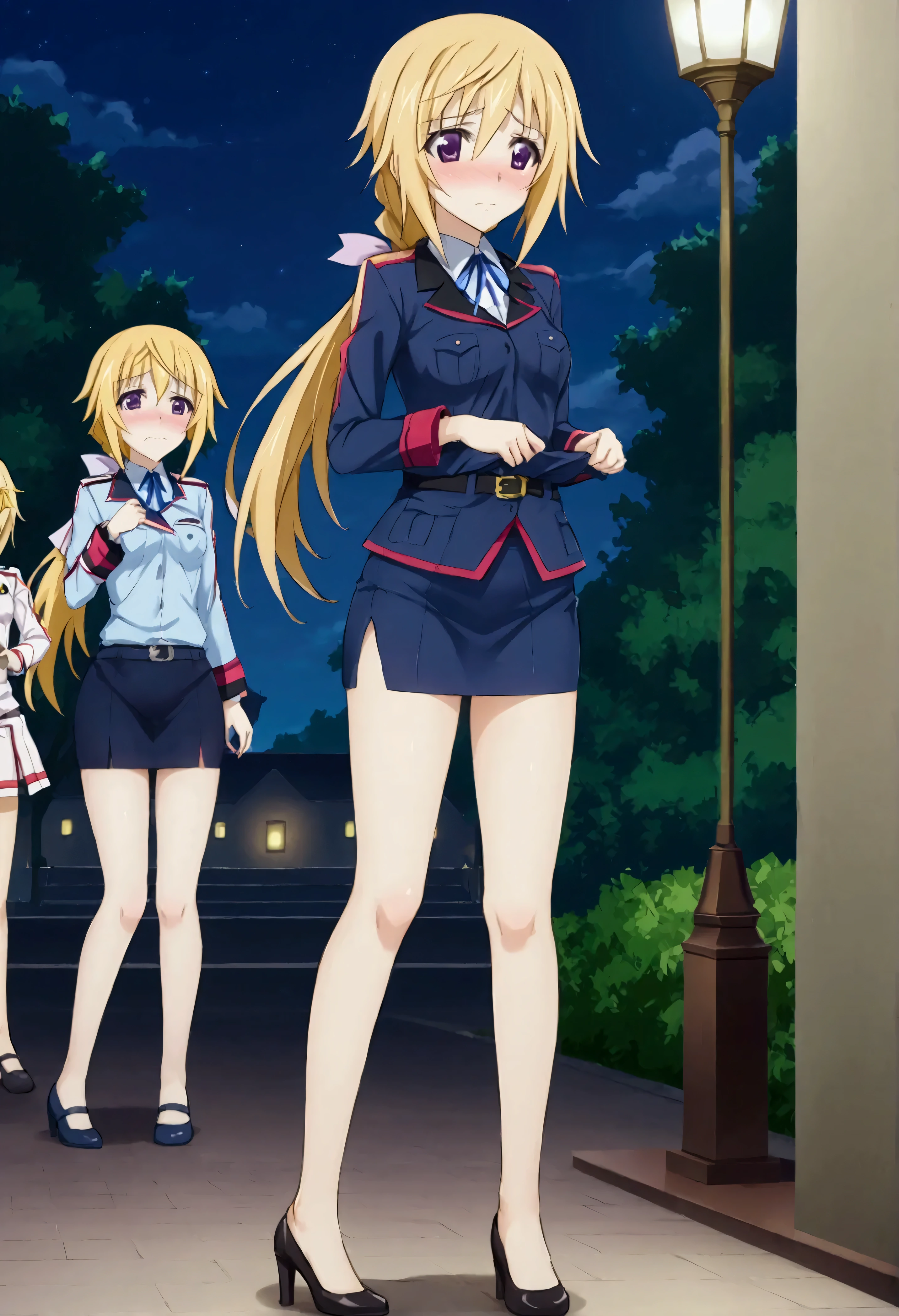 NSFW,masterpiece,Best Quality,High resolution,Very detailed,(One girl),Charlotte Dunois\(Infinite Stratos\),Long Hair、Blonde Hair、ribbon、Purple Eyes、ponytail、ヘアribbon、Police Officer,policewoman,Pencil Skirt,heel,Embarrassed,blush,Skirt Lift,Night Park,Street lamp