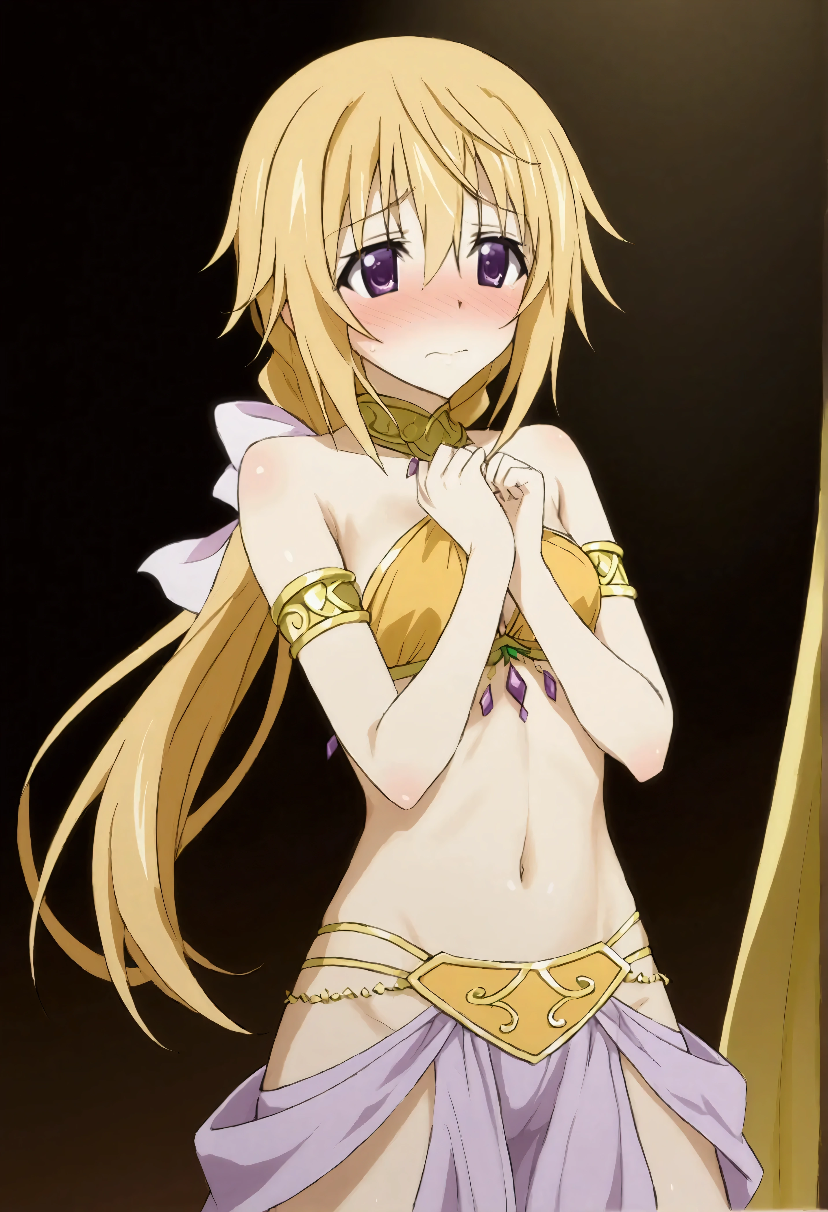 NSFW,masterpiece,Best Quality,High resolution,Very detailed,(One girl),Charlotte Dunois\(Infinite Stratos\),Long Hair、Blonde Hair、ribbon、Purple Eyes、ponytail、ヘアribbon、Dancer,Arabian Costume,Luxurious BAR,Dance Stage,Embarrassed,blush,Feeling embarrassed