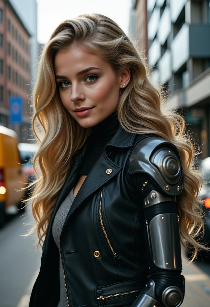 beautiful girl, Small Breasts, Nipple,Wearing a rugged jacket, Long hair, Robotic Arm, Cyberpunk city that never sleeps background