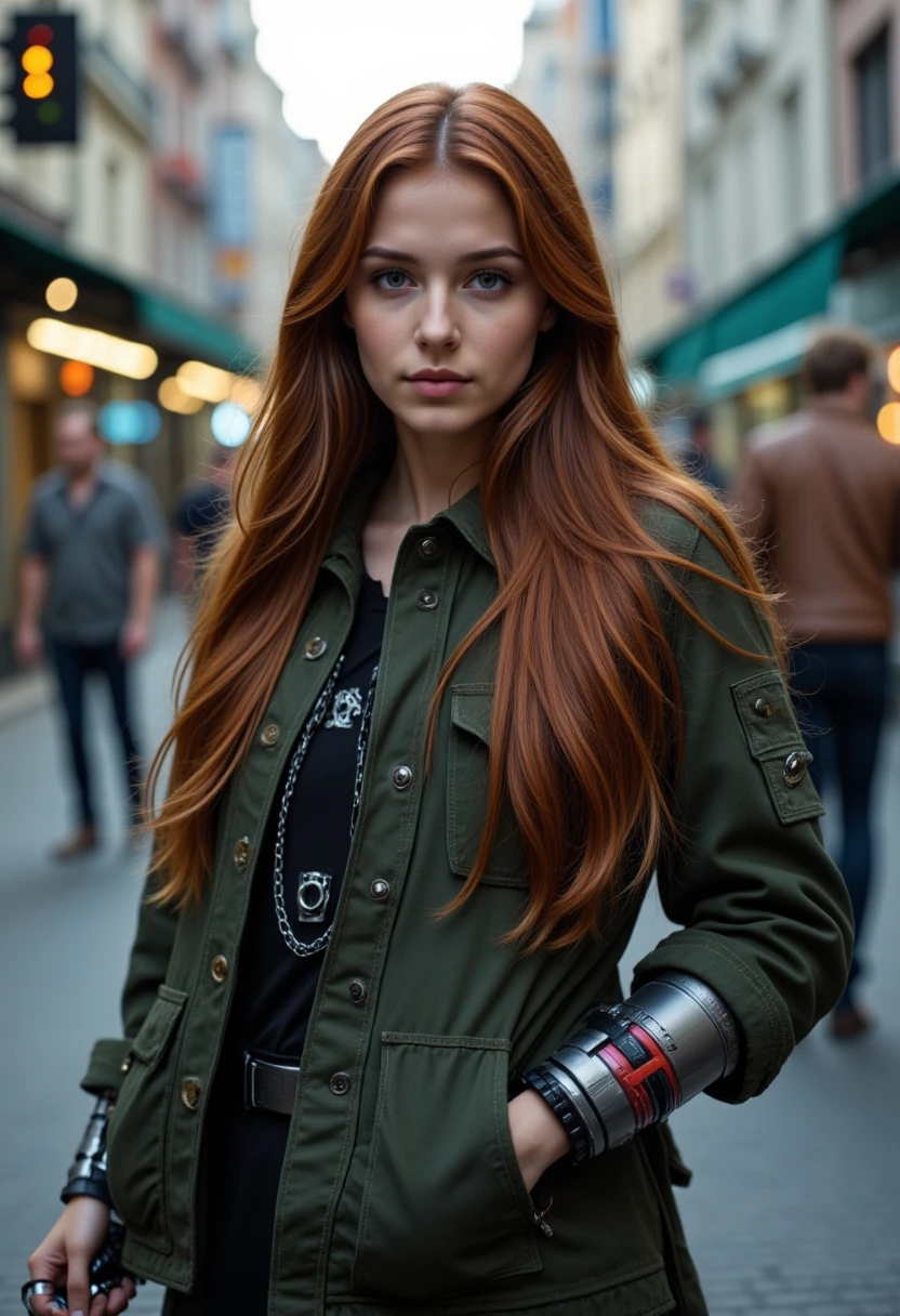 beautiful girl, Small Breasts, Nipple,Wearing a rugged jacket, Long hair, Robotic Arm, Cyberpunk city that never sleeps background