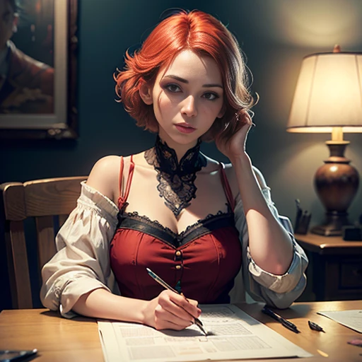 Realistic woman with sketchbook creating a new crazy dress for modelling meanwhile she's wearing crazy outfit matching her hair and personality