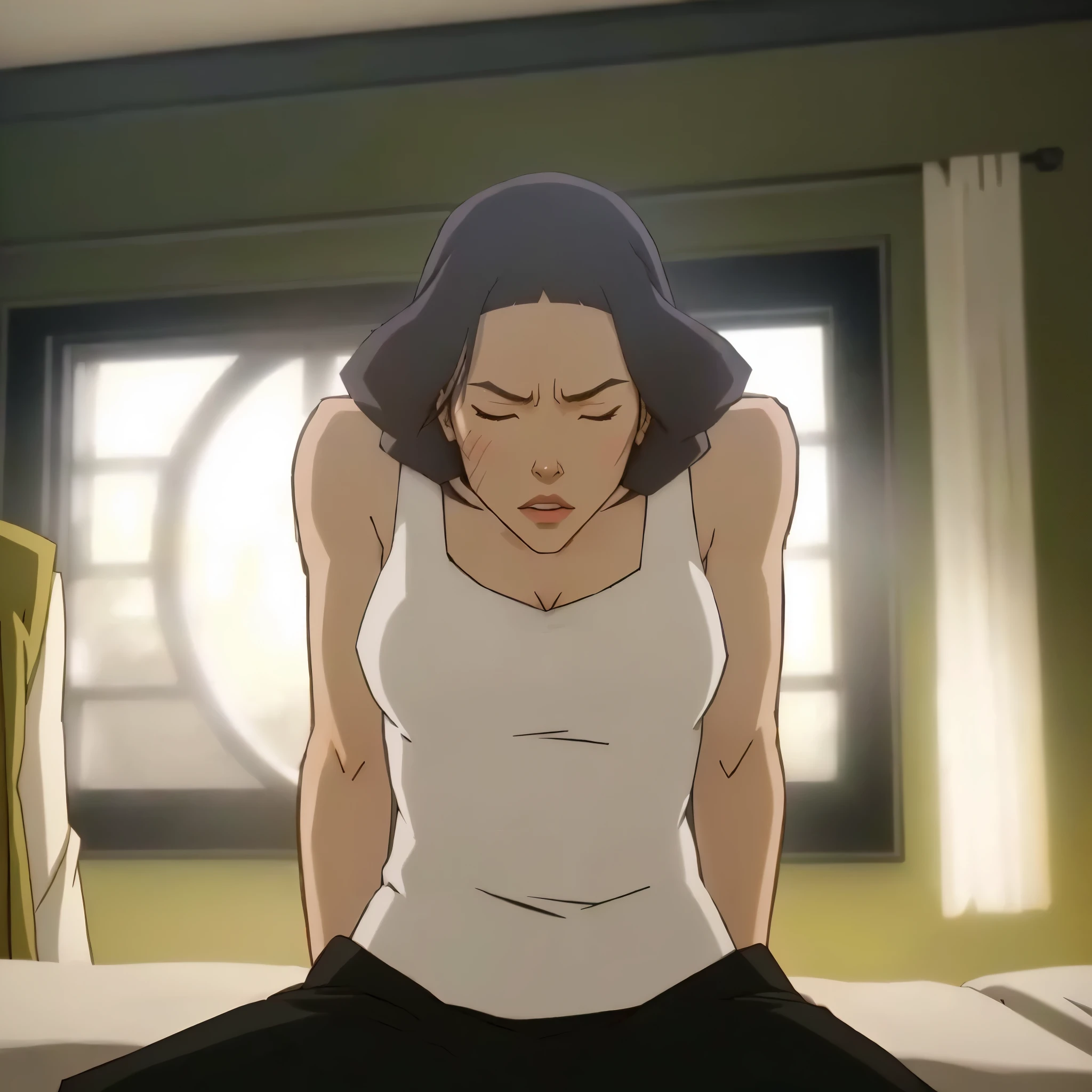 anime woman sitting on bed with eyes closed, cell shaded adult animation, in the anime film ergo proxy, in the anime series ergo proxy, legend of korra setting, animation still screenshot, anime cloth capture, hurry up, legend of korra, anime cel shaded, animated static image, anime movie screenshot, cel - shaded art style