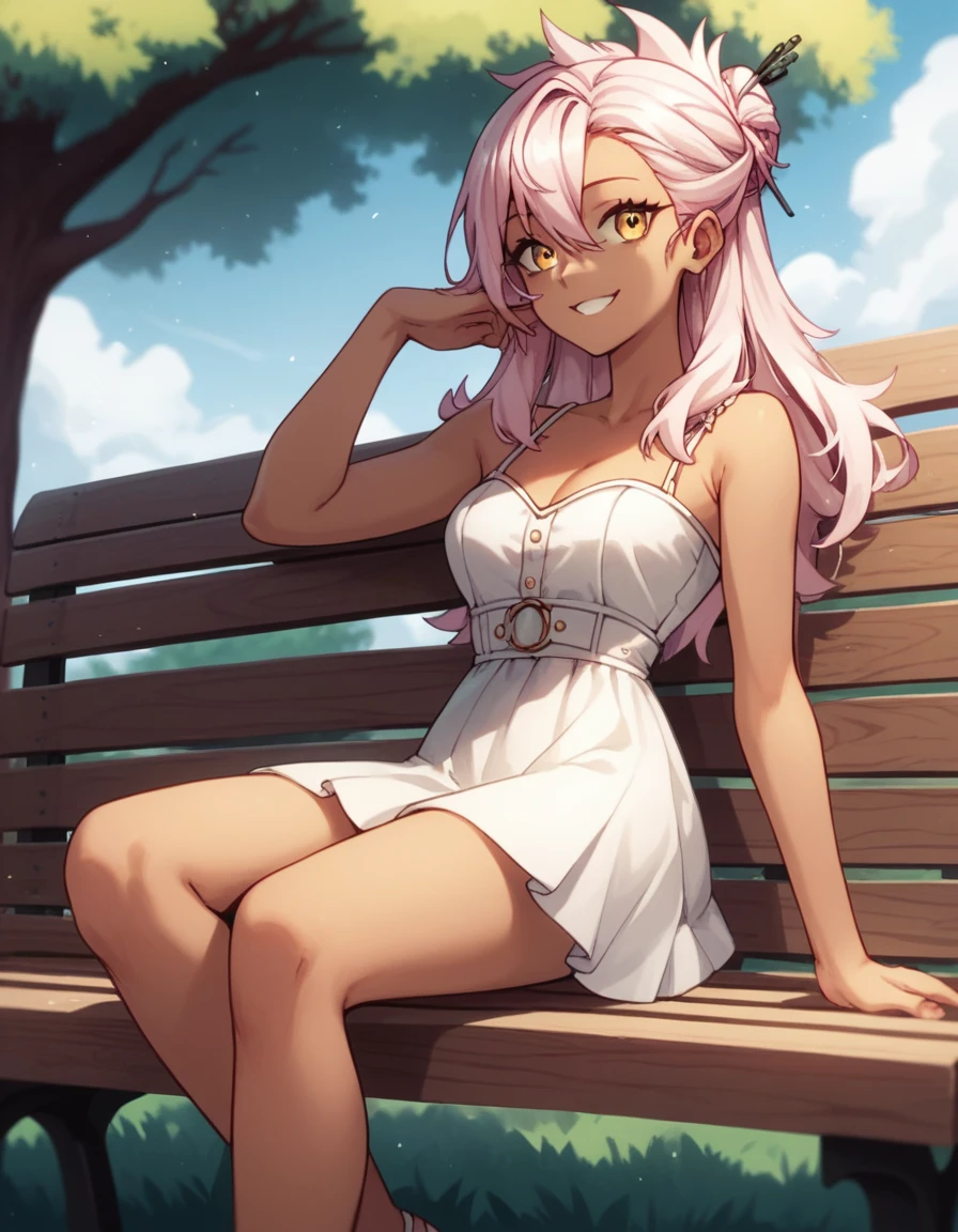 1girl,solo,smile,outdoor,white dress,sitting,bench, chloe,dark_skinned_female,dark_skin,long_hair,pink_hair,yellow_eyes,hair_between_eyes,white_hair,bangs,small_breasts,,harf_updo,one_side_up,,