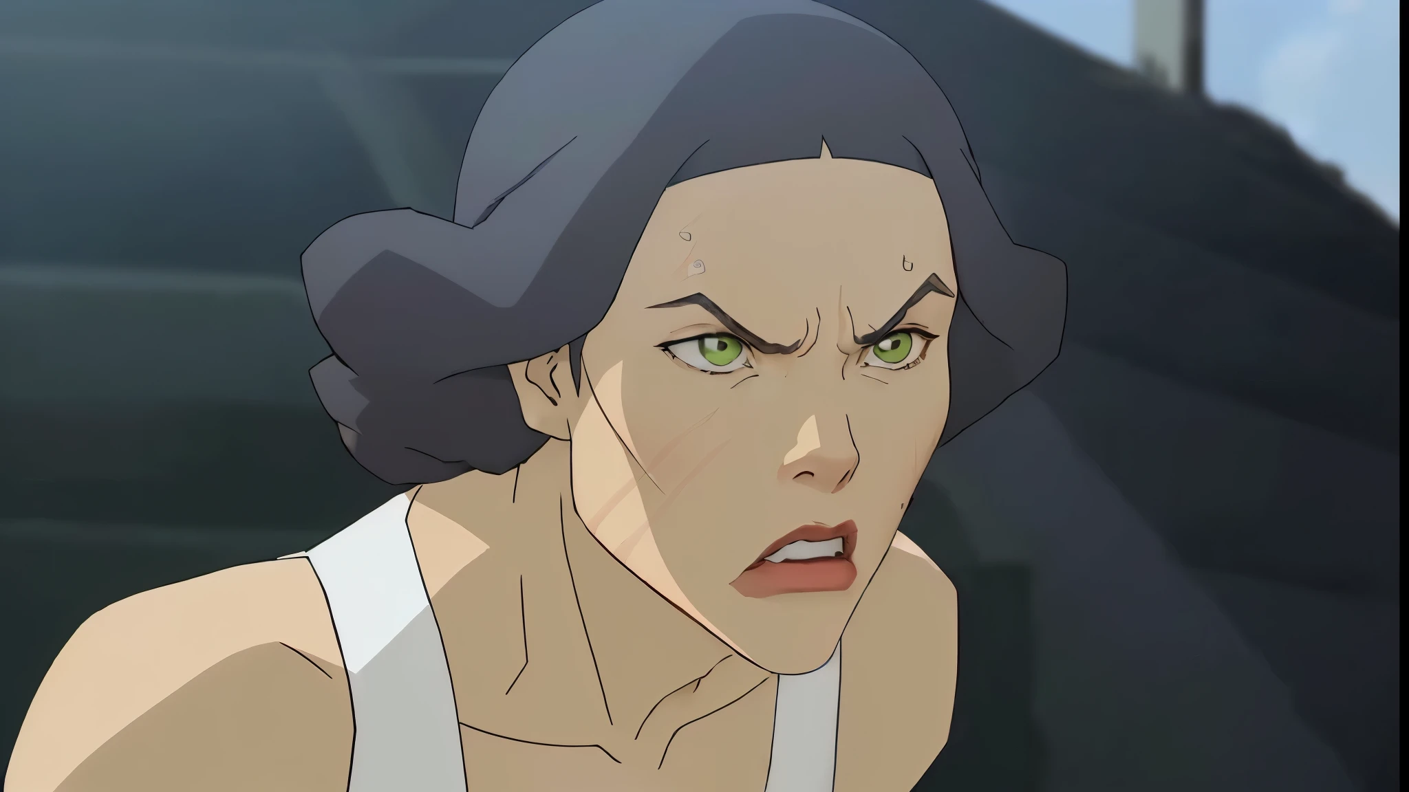 A close-up of a woman with a white t-shirt and gray hair, the goddess hera looking angry, legend of korra, the goddess hera looking angry, legend of korra setting, korra from the legend of korra, Britney Lee is an American actress and actress., portrait of avatar korra, Ripley- wavy, animation still screenshot, anime cloth capture, in the anime movie