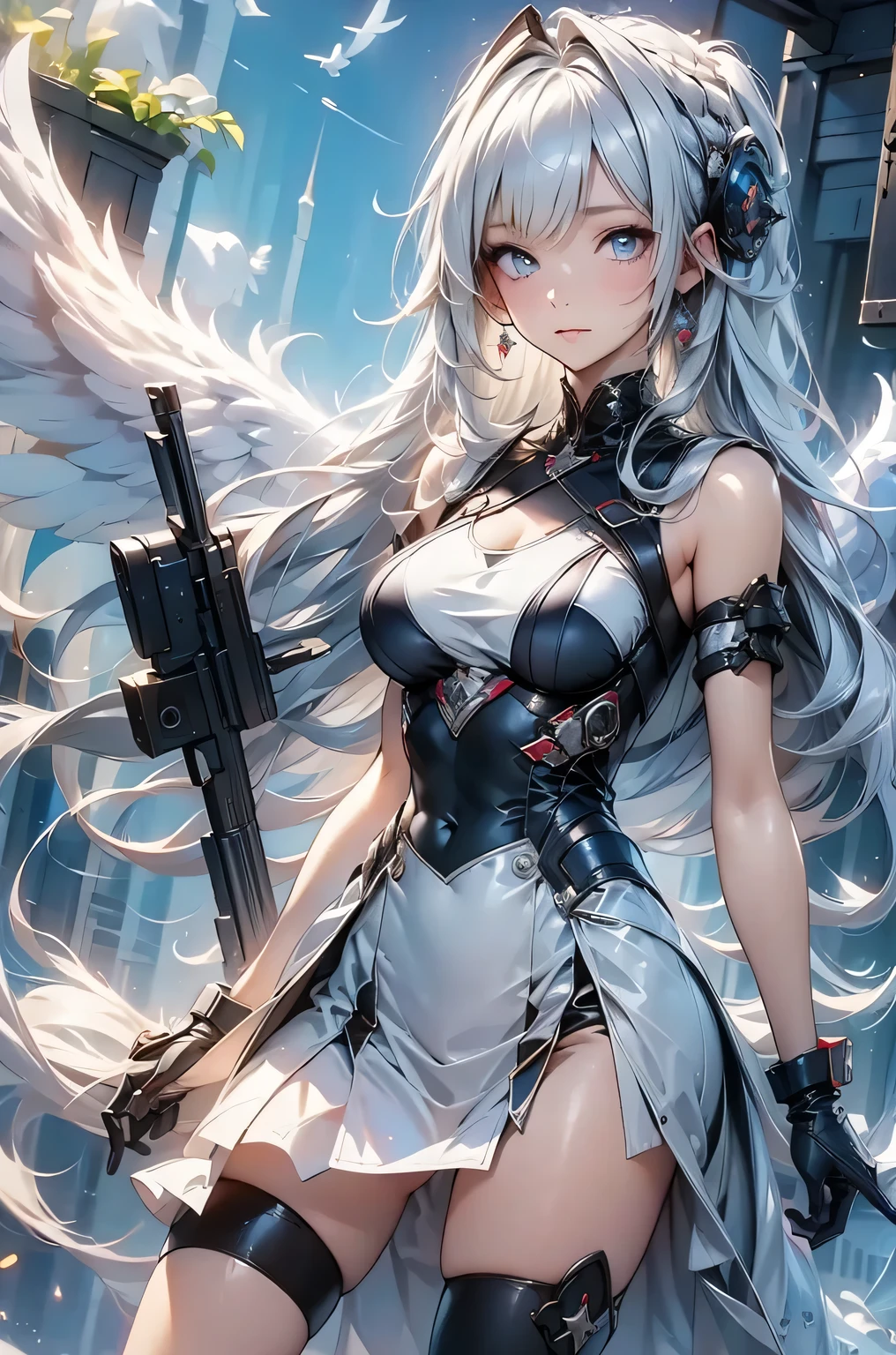 masterpiece, best quality, 1girl, medium breasts, white hair, mechanic, arms, armed angel,
