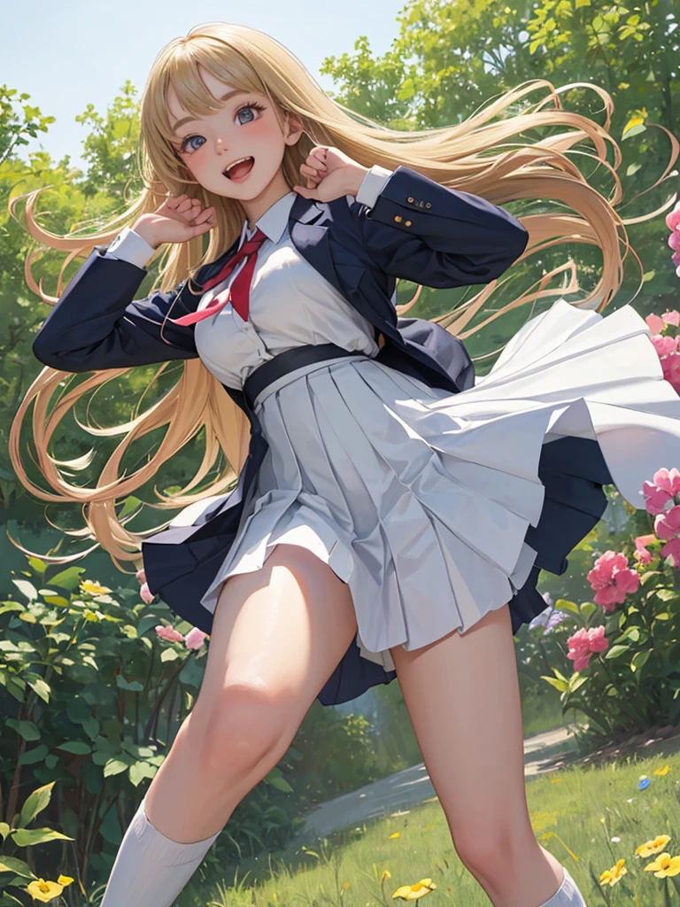 Masterpiece, Best Quality, Official Art, (Highly Detailed CG Unity 8k wallpaper), Detailed background, (Hands by Guido Daniele: 1.1), Feet out of frame, First person perspective, 1, Attractive and perfect beautiful woman, Schoolgirl, JK, schoolgirl uniform, summer, blue sky, wide sea, wind blowing, (((Flipping skirt, panties visible))), optimal ratio of 4 fingers and 1 thumb, (curvaceous) , ( White thighs: 1.12), ( Blonde long hair: 1.12), (Ahoge: 1.13), (High ponytail: 1.12), (Green eyes: 1.13), look at the beholder, big, (cleavage), beautiful face, (blush: 1.11), (smile: 1.11)