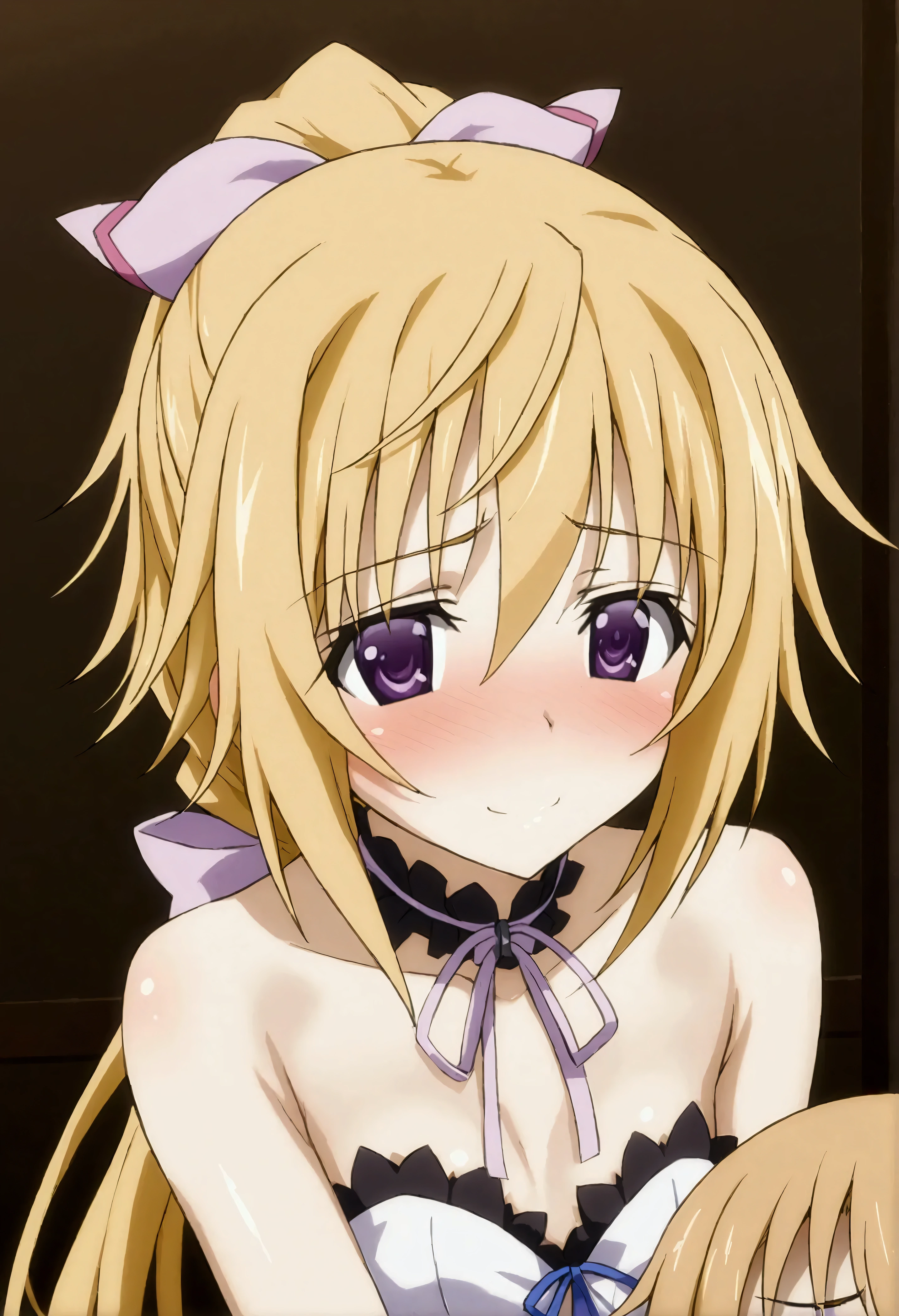 NSFW,masterpiece,Best Quality,High resolution,Very detailed,Charlotte Dunois\(Infinite Stratos\),Long Hair、Blonde Hair、ribbon、Purple Eyes、ponytail、ヘアribbon,first round, Doll,(Prostitute),(Sex slave),Nightlife,Brothel,Lustful face,In heat,Embarrassed,blush,Feeling face