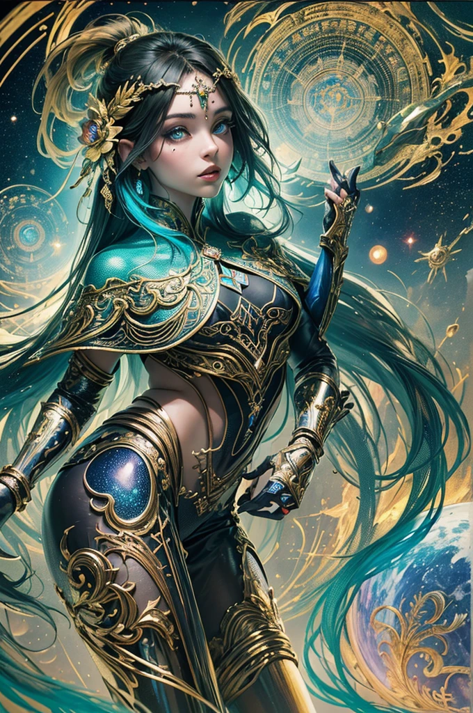 Design an otherworldly character—a celestial being—with shimmering, iridescent hair (Hair: iridescent), celestial blue eyes (Eyes: celestial blue), and ethereal, glowing markings (Markings: glowing). Her attire is a flowing, luminescent gown (Clothing: luminescent gown) that seems to blend seamlessly with the cosmos. She stands in a vast, cosmic expanse (Environment: cosmic expanse) surrounded by galaxies and nebulae (Lighting: cosmic), embodying the beauty of the universe itself. This artwork should evoke a sense of celestial wonder.