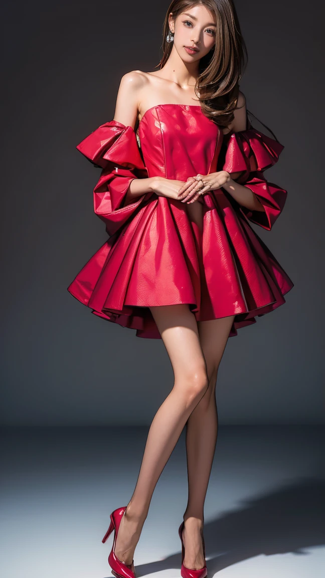 a closeup of a cartoon woman wearing a red dress, detailed image, Grayscale photography with red dress., anorexic figure, on a mannequin. High resolution, the girl is wearing a red dress, half-turned lady in evening dress, wearing a red dress, Woman dressed, girl figure, woman model, A hyperrealist, pixar doll deep focus