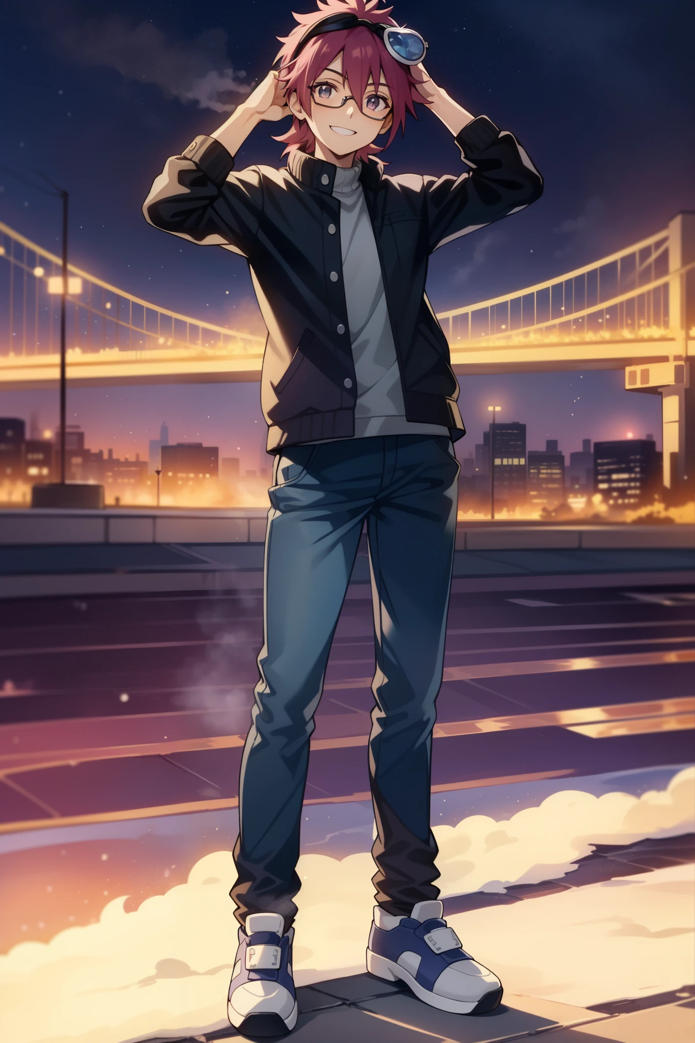 Man similar to adult Motomiya Daisuke from \(Digimon Adventure 02: The Beginning\):1.2, 21 yo young man, solo, brunnette, hair wild spiky, grinning, (eyeglasses on his head:1.5), winter in Odaiba Square, bomber jackets over stitch wool sweater, denim jeans, trendy air jordan sneakers, whole full body standing, BREAK, Full body shot, Professional Photoshot, Professional High Lightning, At Nighttime, winter night lighting, cold steam effects, Light Colour, 7560P, Canon EOS 250D, 128K UHDR Best Quallity