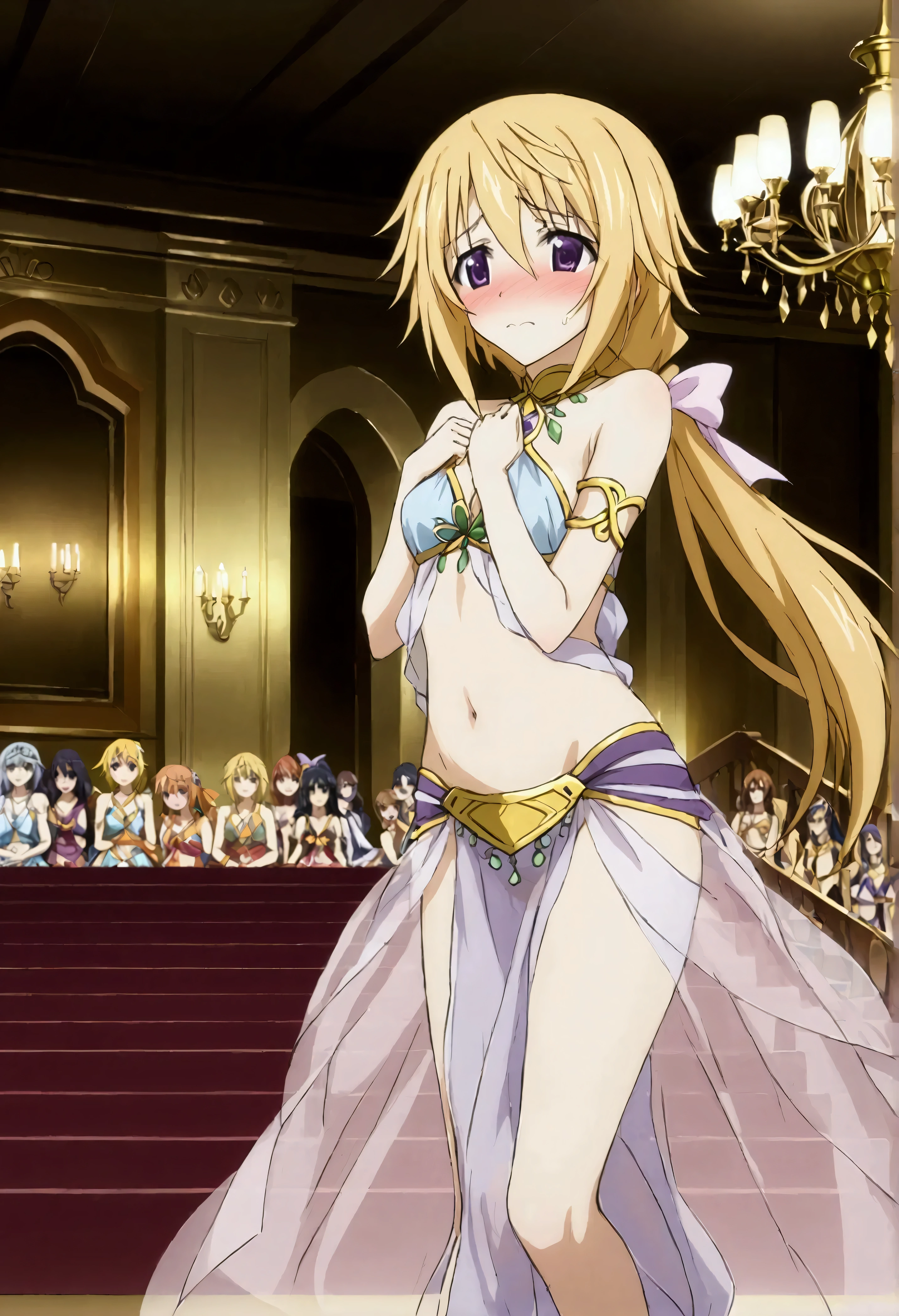 NSFW,masterpiece,Best Quality,High resolution,Very detailed,(One girl),Charlotte Dunois\(Infinite Stratos\),Long Hair、Blonde Hair、ribbon、Purple Eyes、ponytail、ヘアribbon、Dancer,Arabian Costume,See-through,Luxurious BAR,Dance Stage,chandelier,Embarrassed,blush,Feeling embarrassed