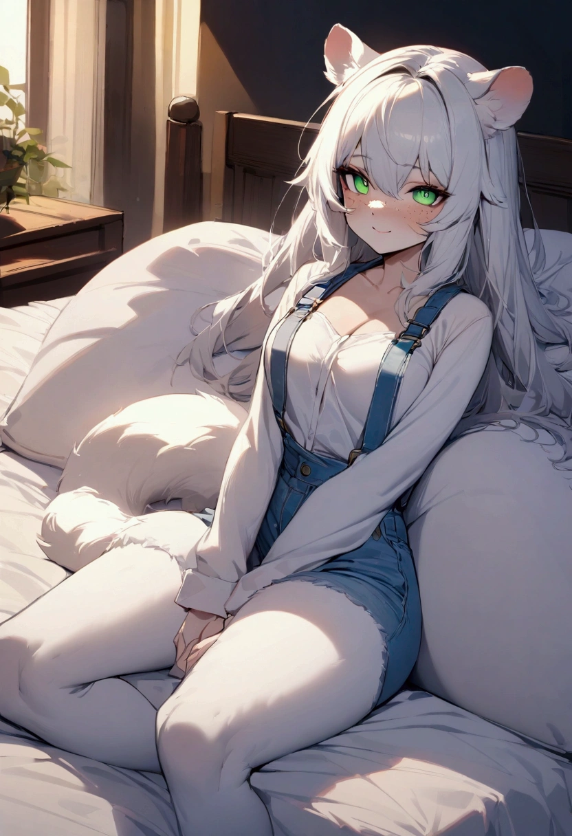 1 Girl, Light Blue Baggy Sweater, No Pants, Medium Breasts, Blue Eyes, Platinum White Hair, Twin Tail Hair Style, Pale White Skin, Smooth Skin, Face Freckles, Nice Cleavage, Slutty, Sexy, Sassy, Smirking, Tease, Teasing, Laying On bed, Top Down View, Reaching Up To Viewer, Upper Body Shot,