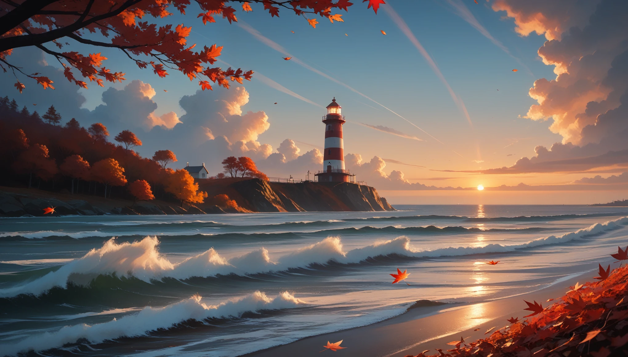 score_9, score_8_up, score_7_up, (masterpiece, best quality, UHD, 8K, 16K, ultra detailed), scenery, 1lighthouse, loneliness, sunset, autumn, (red leaves:1.1), (wind:1.2), [wave], cozy, vibrant color, cinematic composition, diffused light, dramatic ambient