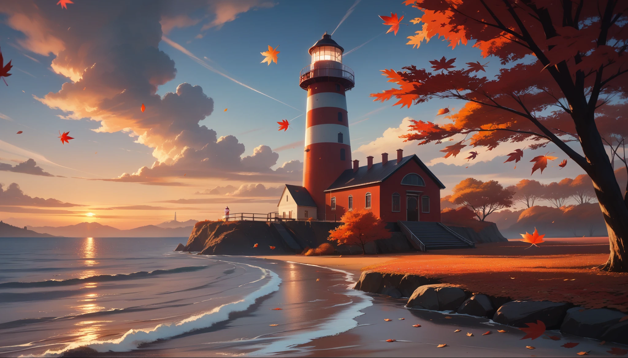 score_9, score_8_up, score_7_up, (masterpiece, best quality, UHD, 8K, 16K, ultra detailed), scenery, 1lighthouse, loneliness, sunset, autumn, (murmuring leaves:1.3), (red leaves), (wind:1.2), [wave:1.2], cozy, vibrant color, cinematic composition, diffused light, dramatic ambient