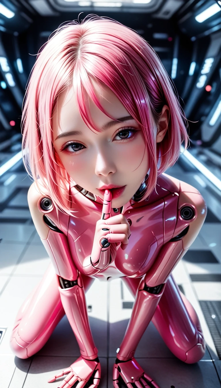 ((Pink hair, beautiful Japanese girl, she's a cyborg)), simple logo mark on face, short hair, loose perm, black eyes, ((attractive eyes, half-open eyes, sexually excited, flushed cheeks)), perfect proportions, large bust, glamorous body, licking index finger, very beautiful skin, bondage fashion, semi-transparent Pink bodysuit, looking at me on all fours, coming in to kiss the camera, futuristic room, neon, dazzling brightness, exquisite details, full body, very sharp, high resolution, realistic, photorealistic, 8K, ultra detailed, masterpiece, shot from above, cinematic lighting, dramatic colors, vibrant colors