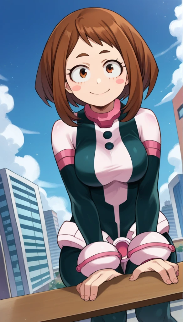 score_9, score_8_up, score_7_up, source_anime,
ochakouraraka, ochako uraraka, brown eyes, brown hair, short hair, blush, blush stickers, smile,
bodysuit, skin tight, superhero,
outdoors, cityscape,
looking at viewer, dutch angle, full body, standing, idle,pov ,sitting on other side of table,