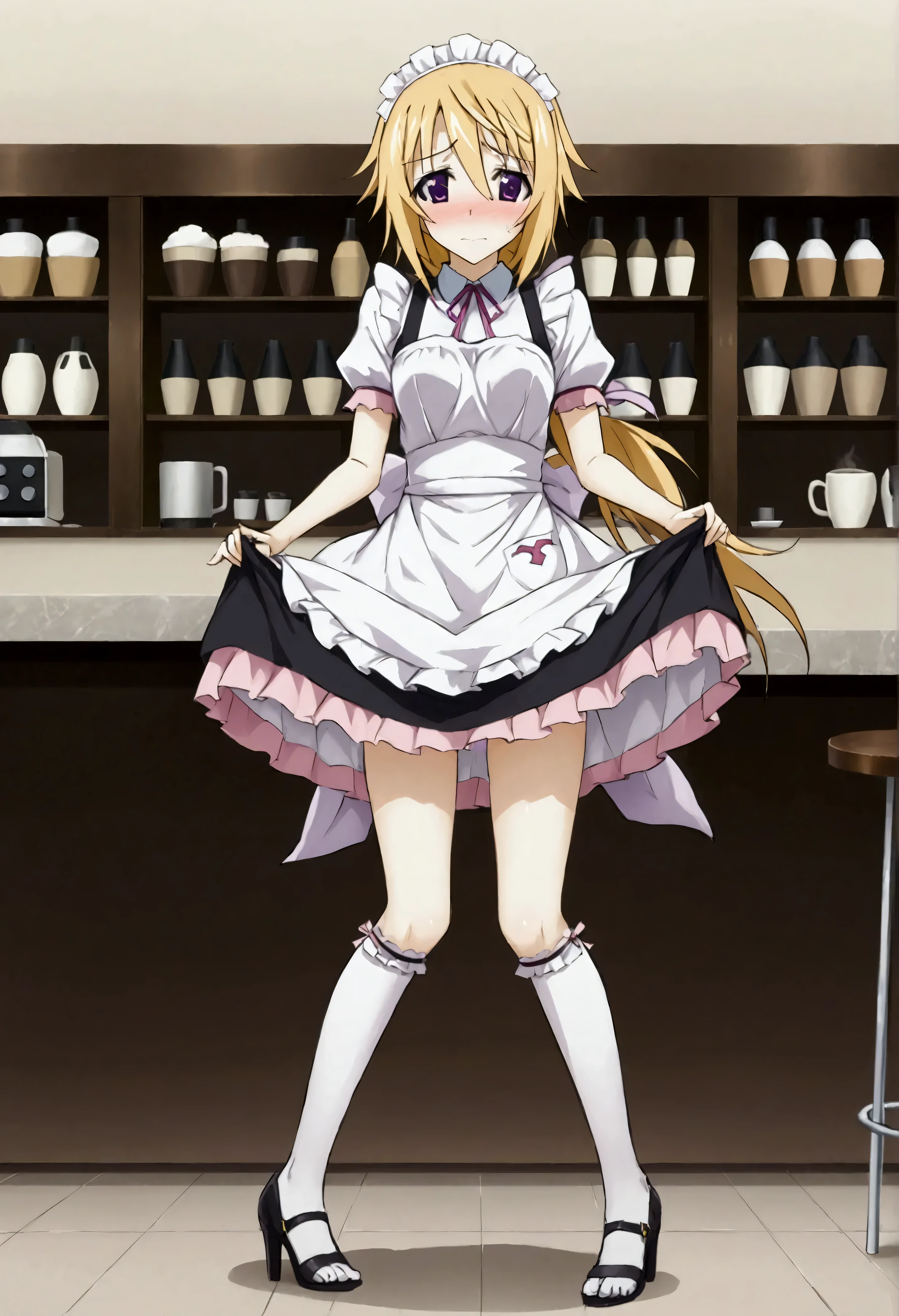 NSFW,masterpiece,Best Quality,High resolution,Very detailed,Charlotte Dunois\(Infinite Stratos\),Long Hair、Blonde Hair、ribbon、Purple Eyes、ponytail、ヘアribbon、Maid uniform,Maid Headband,Heeled Sandals,Knee-high socks,Pink lace panties,Embarrassed,blush,Skirt Lift,Coffee shop