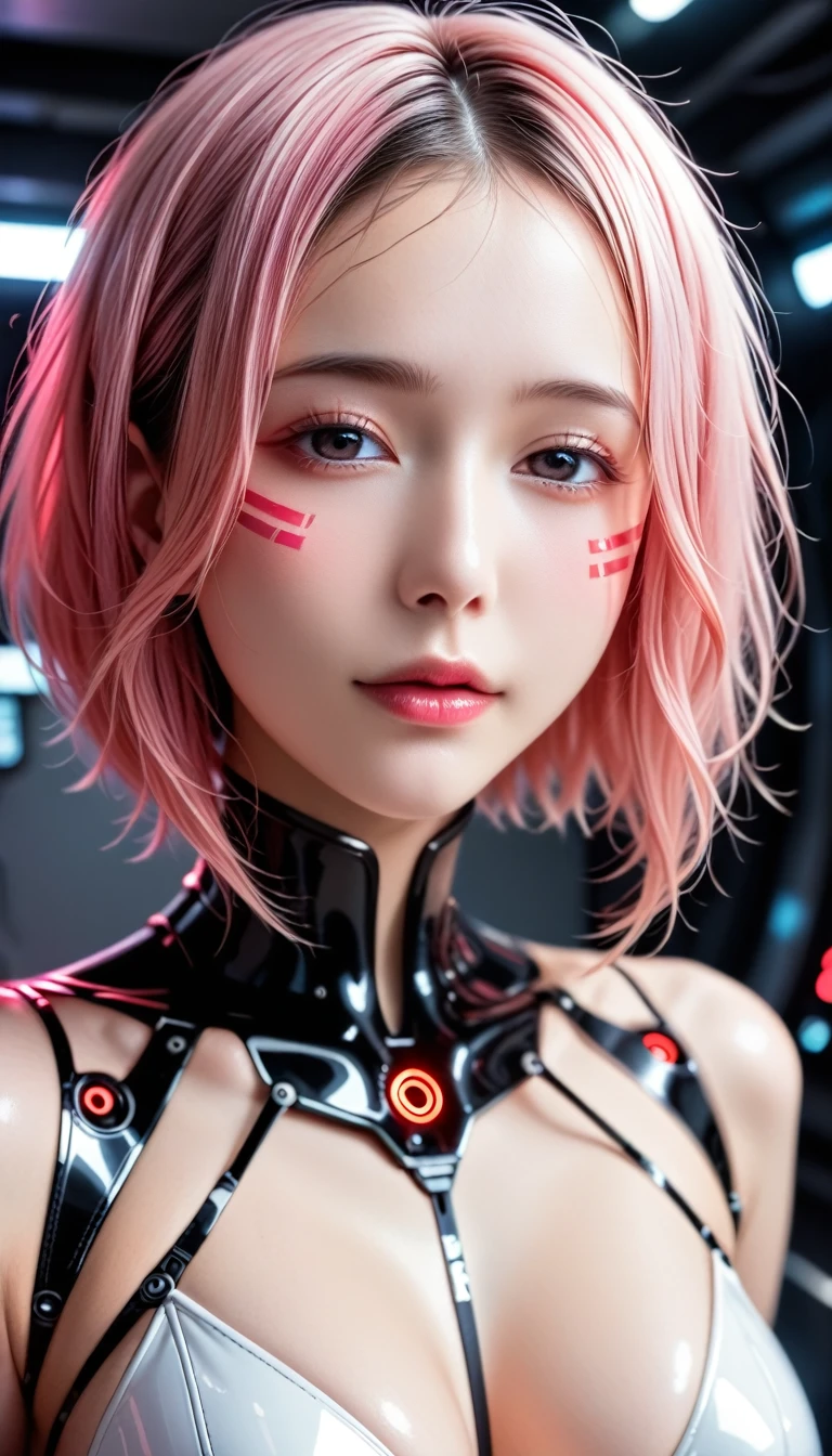 ((pink hair, beautiful Japanese girl, she is a cyborg)), simple logo mark on face, short hair, loose perm, black eyes, ((attractive eyes, half-open eyes, sexually excited, flushed cheeks)), perfect proportions, large bust, curvy body, very beautiful skin, bondage fashion, red enamel body suit, futuristic room, neon, dazzling light, exquisite details, full body, high definition, realistic, photorealistic, 8K, ultra-detailed, masterpiece, cinematic lighting, dramatic colors, vibrant colors