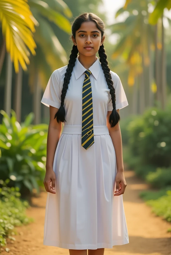 a beautiful cute young teen school girl, sri lanka , medium chest size , detailed white frock uniform, standing , white shoes and socks , full body , wide photo ,cinematic lighting, hyperrealistic, photorealistic, 8k, masterpiece, warm colors, natural lighting , high quality, intricate details