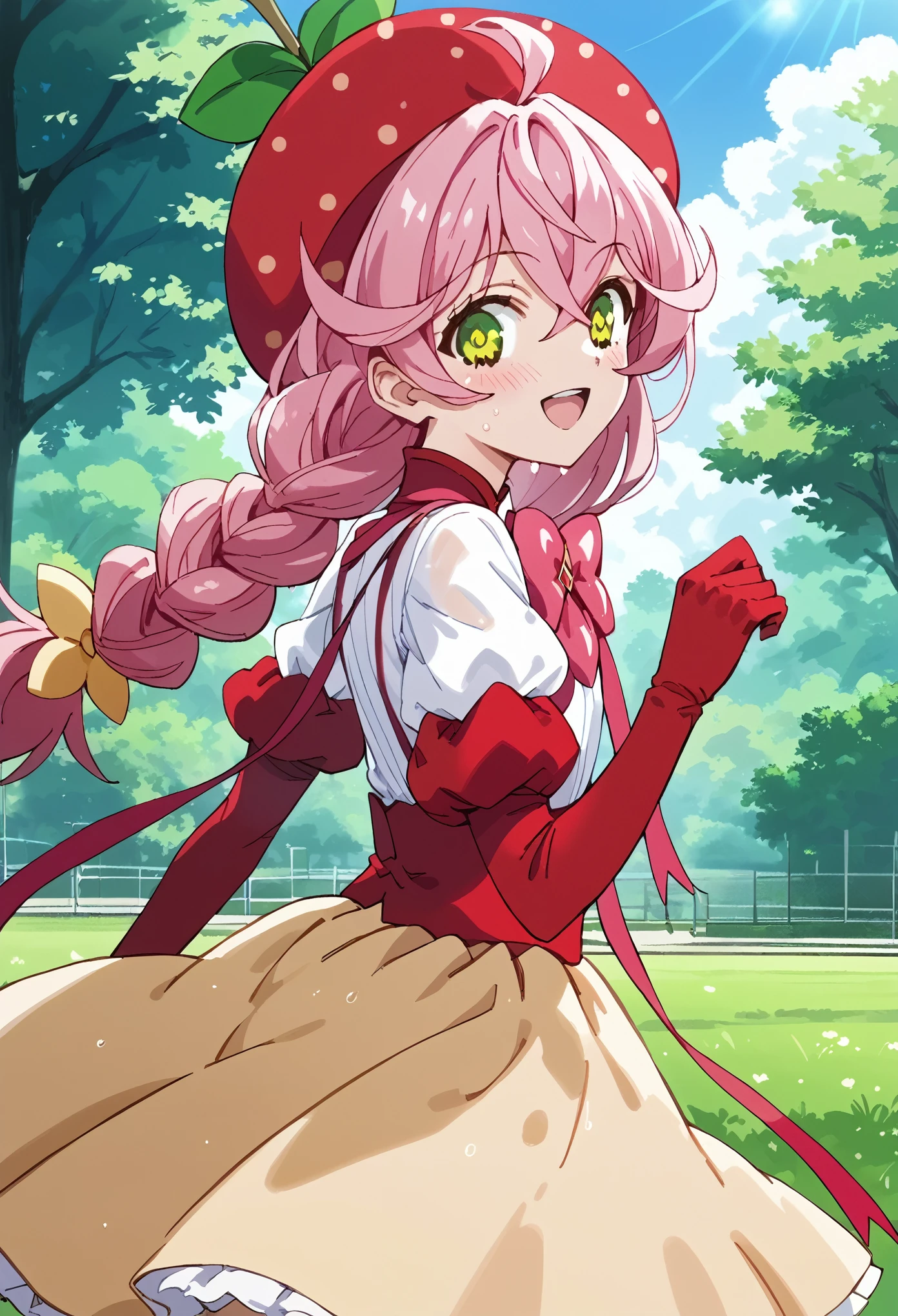 A pink haired woman with violet eyes with an hourglass figure in a cute summer dress is holding a bouquet of red roses