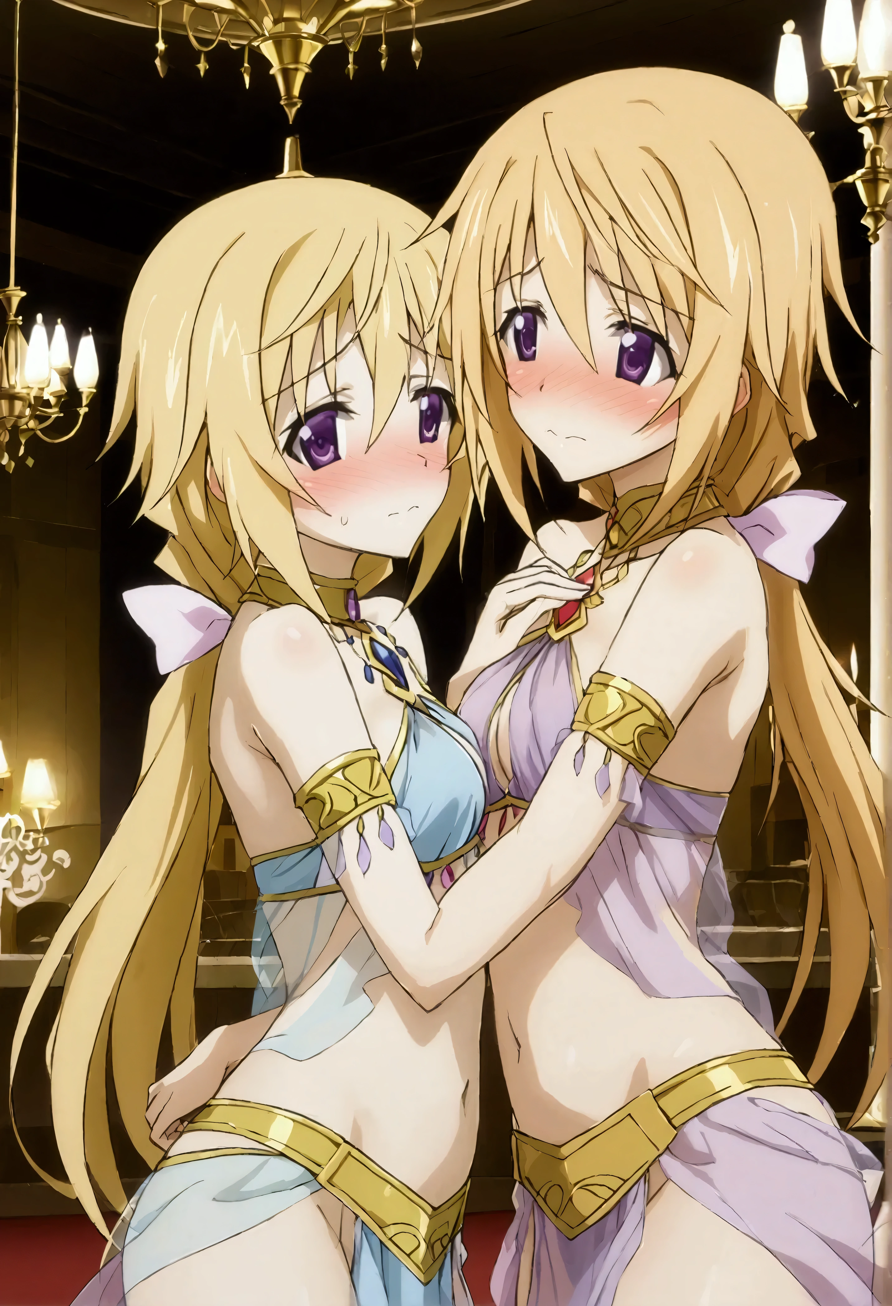 NSFW,masterpiece,Best Quality,High resolution,Very detailed,Charlotte Dunois\(Infinite Stratos\),Long Hair、Blonde Hair、ribbon、Purple Eyes、ponytail、ヘアribbon、Dancer,Arabian Costume,See-through,Luxurious BAR,chandelier,Embarrassed,blush,Feeling embarrassed