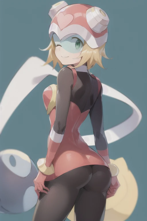 harpnote_megamansf, 1girl, solo, blonde hair, short hair, bodysuit, heart, (helmet), green eyes, smile, one eye closed, arms behind butt, masterpiece, high quality, back position, back view 