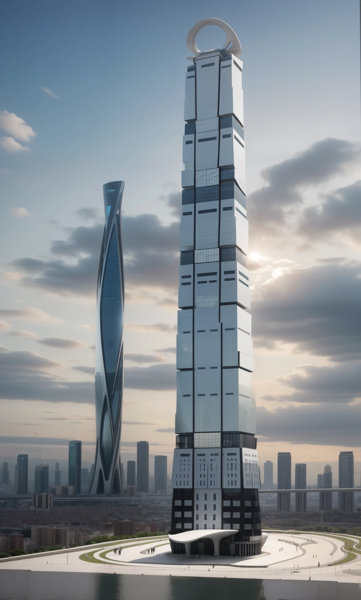 skyscraper by zaha hadid, people on ground