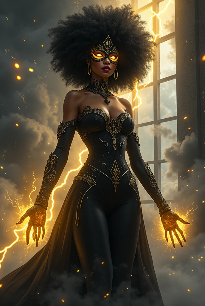 a full-body photo of a beautiful black woman floating in the sky among dark clouds with lightning striking around her, Afrofuturista, com luz iridescente, imagens altamente detalhadas, cores vibrantes e bonitas, imagem fotorrealista, 8k, Ultra HD |, motor irreal renderizado, Cinematic lighting, estilo artgerm,