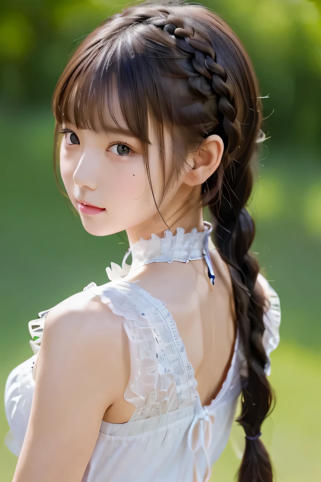 (kawaiipunk:1.2)、(masterpiece、Best Quality、Ultra-detailed、Ultra-high resolution)、girl、solo、slim、Slender、cute、Idol face、looking back、((Simple Background))、(french braids)、